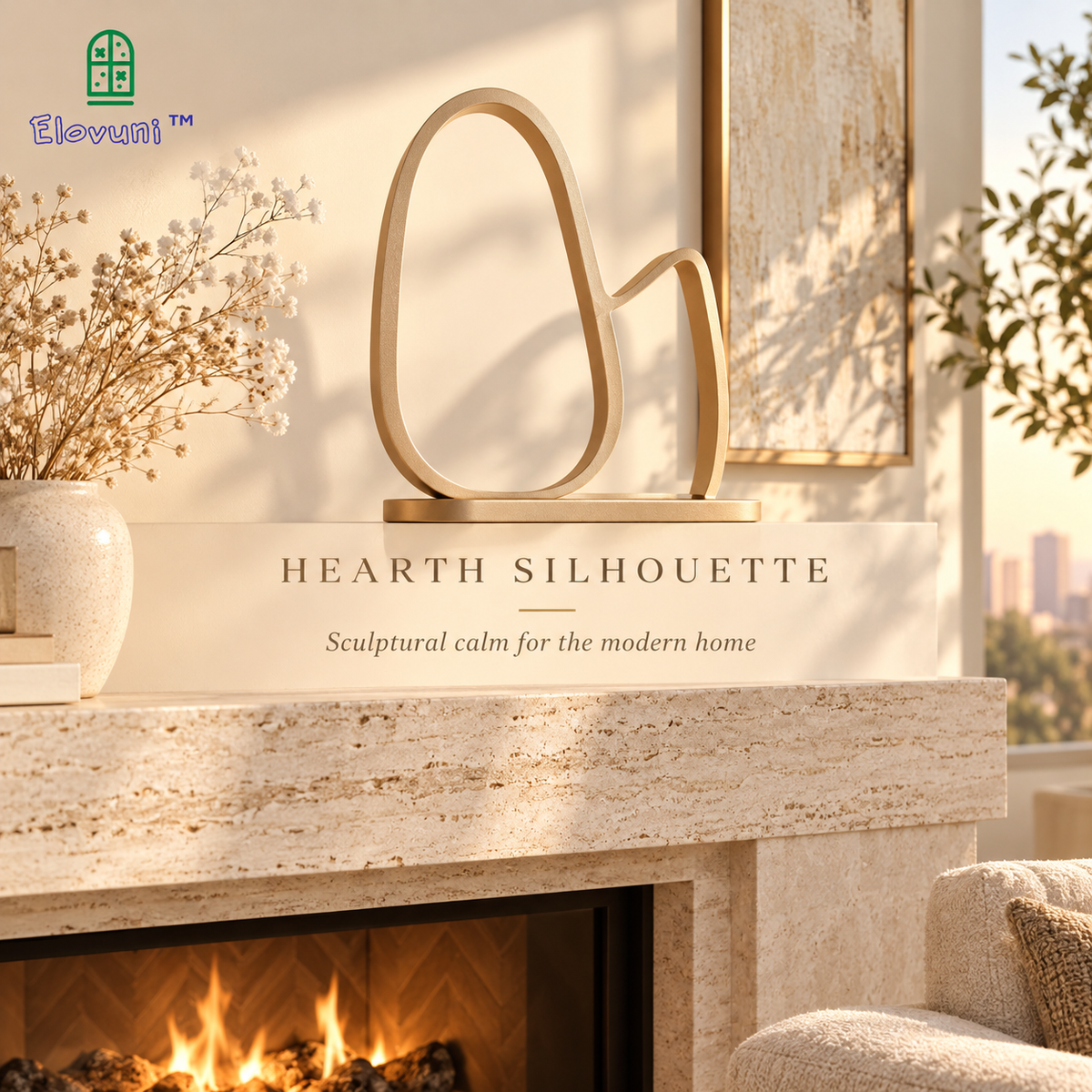 Elovuni™ Hearth Silhouette – Abstract Metal Mantel Sculpture, Modern Geometric Fireplace Shelf Decor for Minimalist Living Rooms & Luxury Interiors
