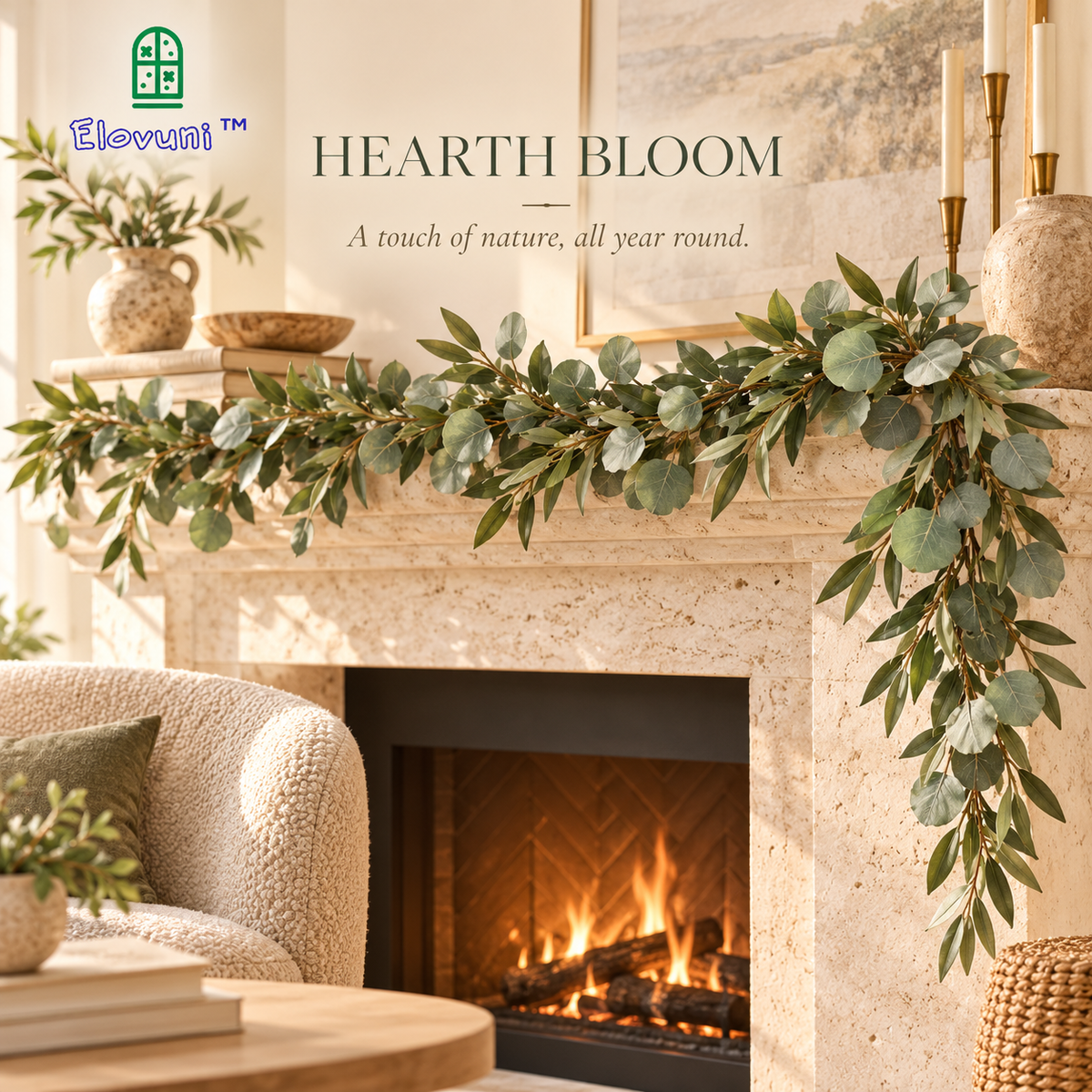 Elovuni™ Hearth Bloom – Artificial Eucalyptus & Olive Leaf Garland, Natural-Look Fireplace Mantel Greenery for Rustic Farmhouse & Modern Interiors