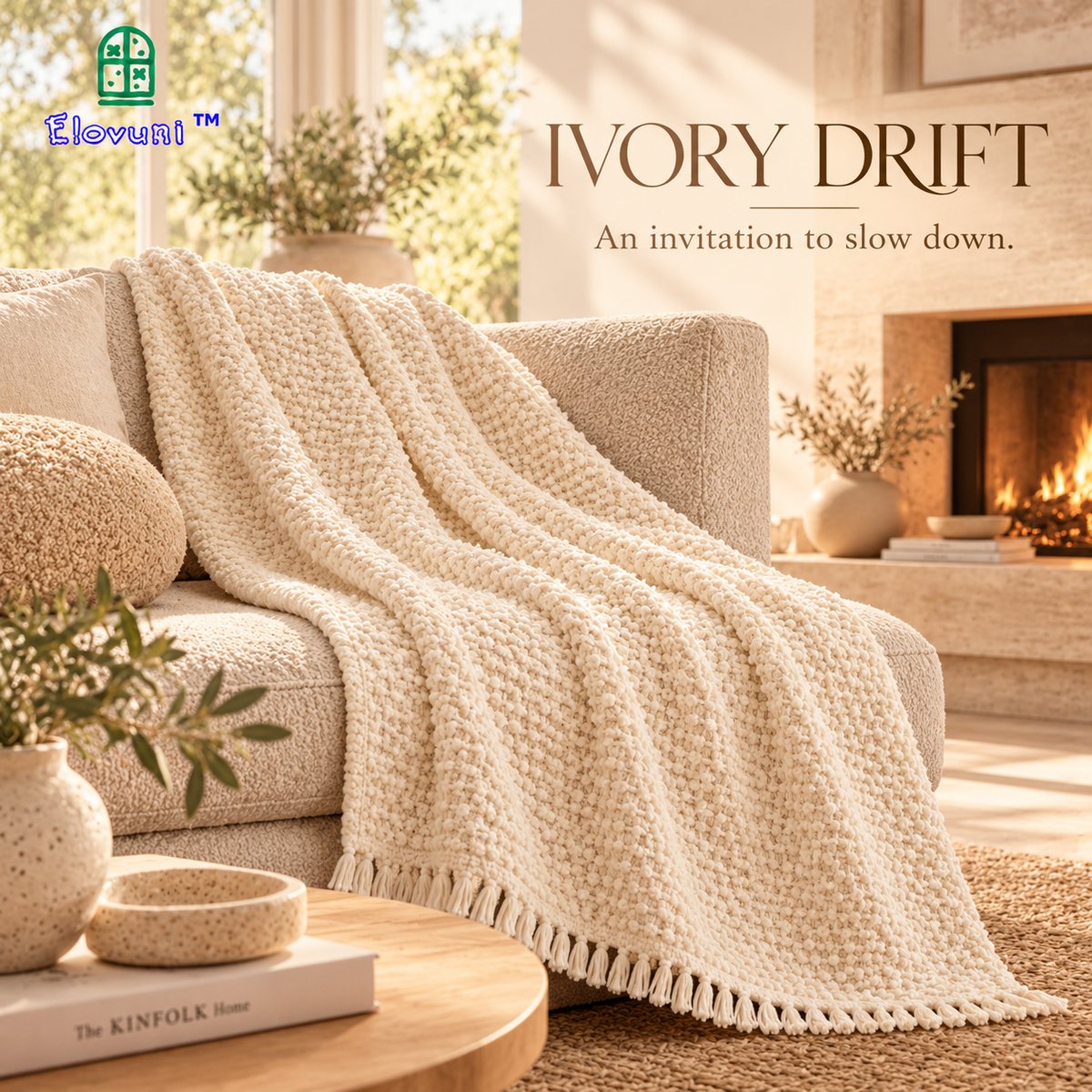 Elovuni™ Ivory Drift – Soft Textured Decorative Throw Blanket, Cozy Neutral Sofa Accent for Fireplace Lounges, Bedrooms & Warm Minimalist Homes