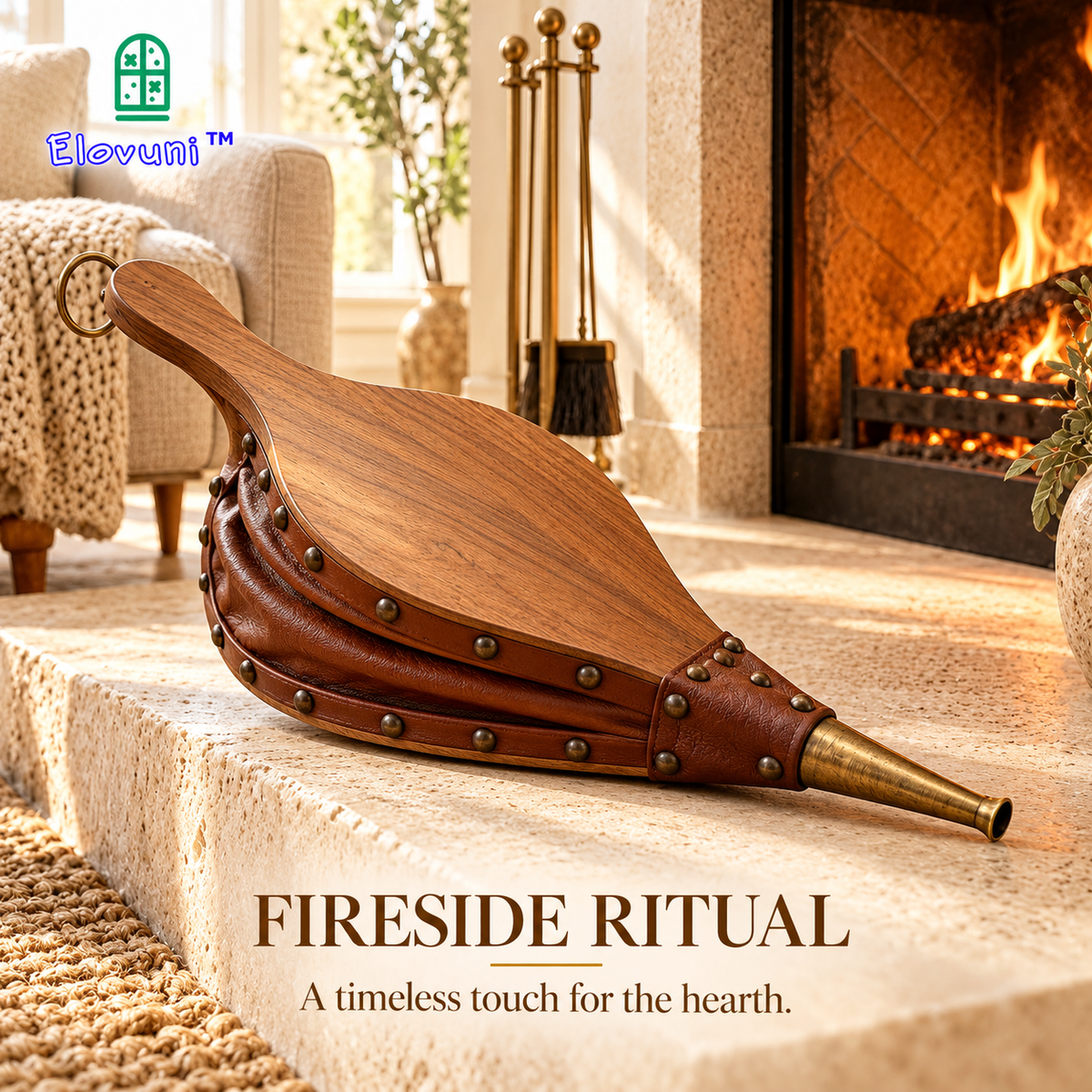 Elovuni™ Fireside Ritual – Vintage-Inspired Wood & Leather Fireplace Bellows, Decorative Manual Air Blower for Traditional Hearths & Rustic Modern Homes