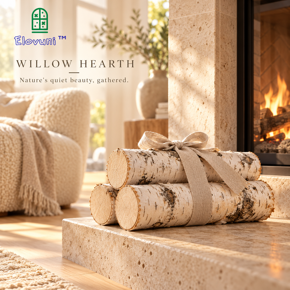 Elovuni™ Willow Hearth – Decorative Birch Log Bundle, Natural Rustic Fireplace Display Accent for Cozy Living Rooms & Scandinavian Home Styling