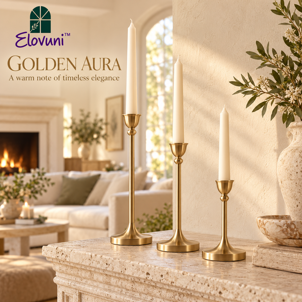Elovuni™ Golden Aura – Elegant Brass-Finish Taper Candle Holder Set, Minimalist Vintage-Inspired Mantel Decor for Cozy Living Rooms & Modern Homes