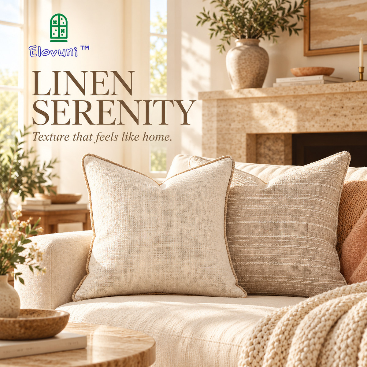 Elovuni™ Linen Serenity – Neutral Textured Cushion Cover Set, Soft Minimalist Decorative Pillow Covers for Cozy Sofas & Fireplace Seating Areas