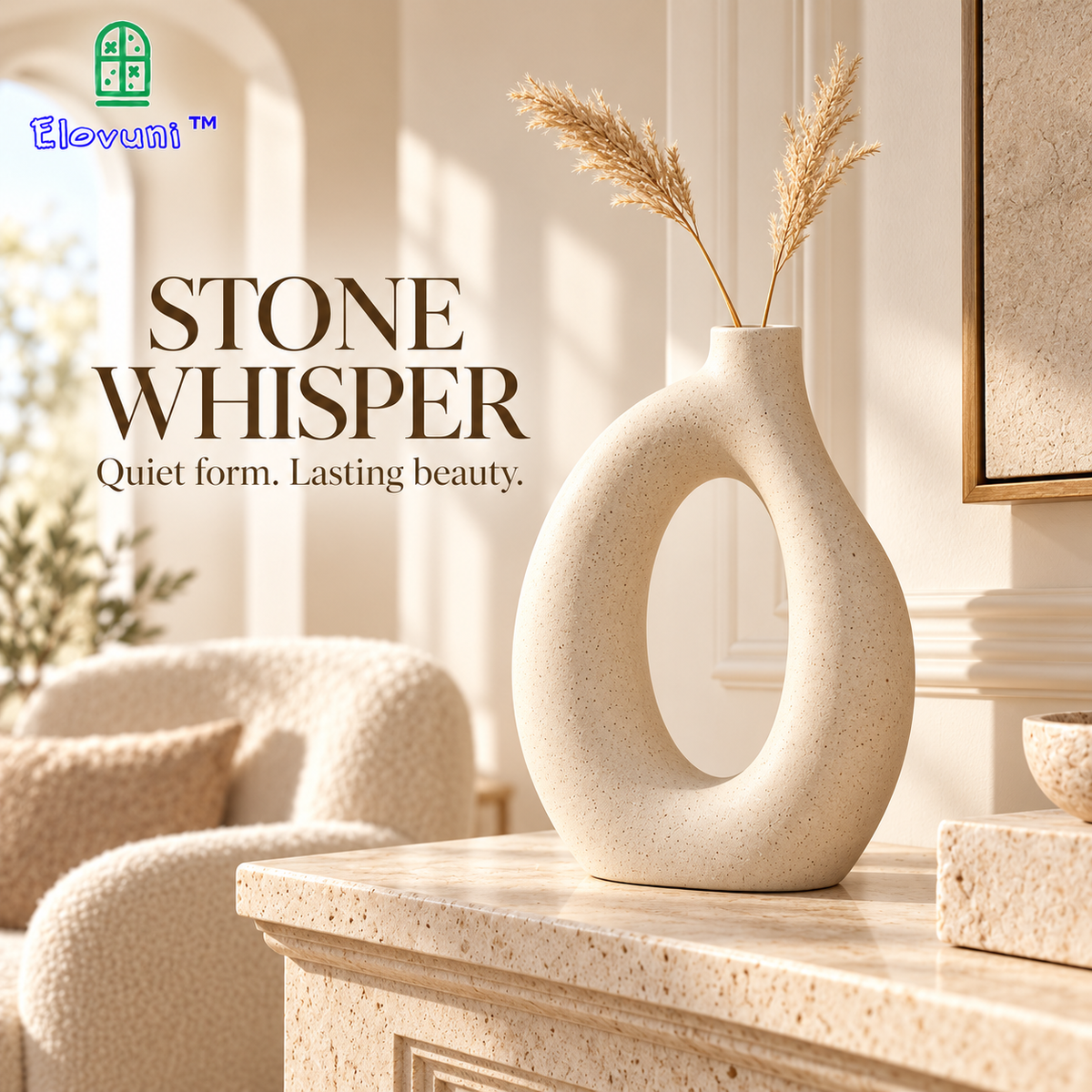 Elovuni™ Stone Whisper – Sculptural Ceramic Mantel Vase, Modern Organic Decorative Accent for Fireplace Shelves, Console Tables & Minimalist Interiors