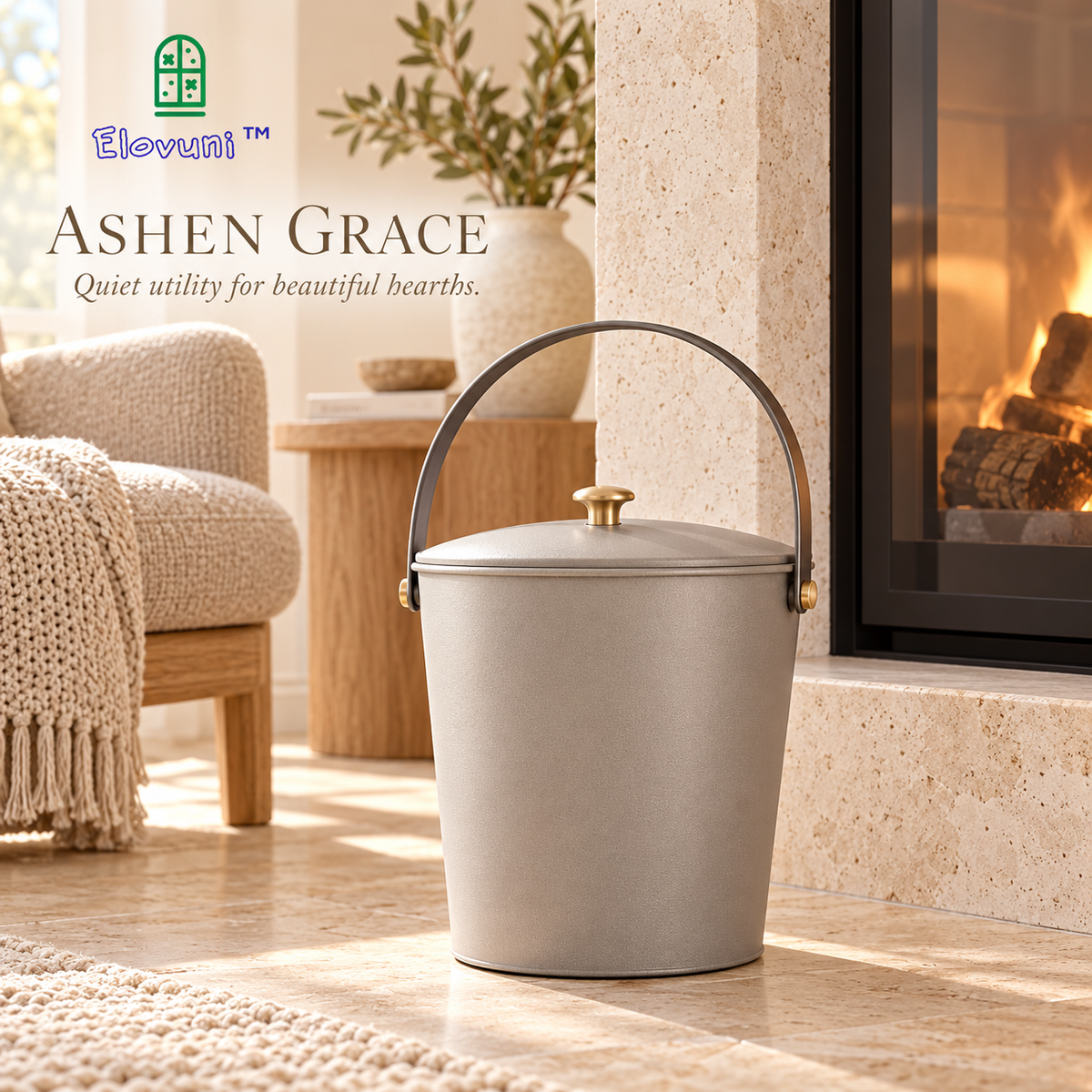 Elovuni™ Ashen Grace – Modern Fireplace Ash Bucket with Lid & Carry Handle, Minimalist Metal Hearth Storage Container for Wood-Burning Fireplaces