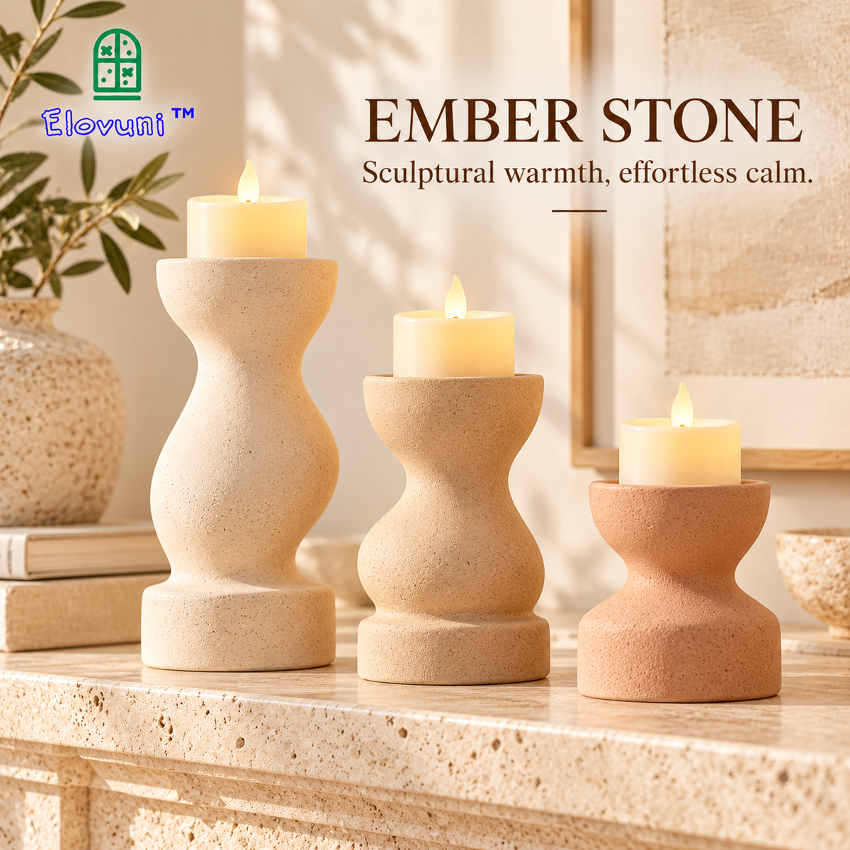 Elovuni™ Ember Stone – Modern Ceramic Flameless Candle Holder Set, Sculptural Fireplace Mantel Decorations for Contemporary & Nordic Interiors