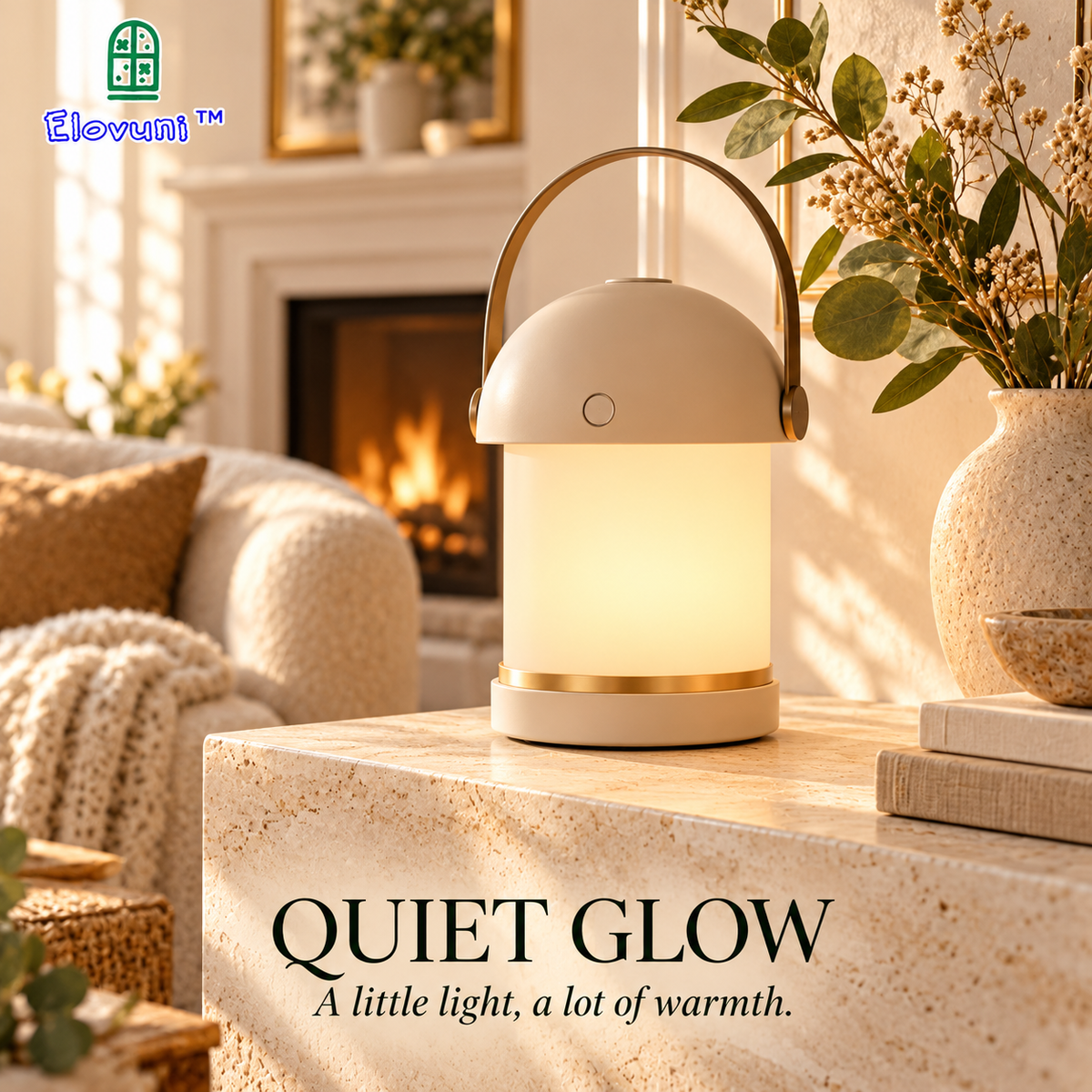 Elovuni™ Quiet Glow – Rechargeable LED Table Lantern, Warm Ambient Accent Lamp for Fireplace Mantels, Bedrooms & Cozy Home Decor