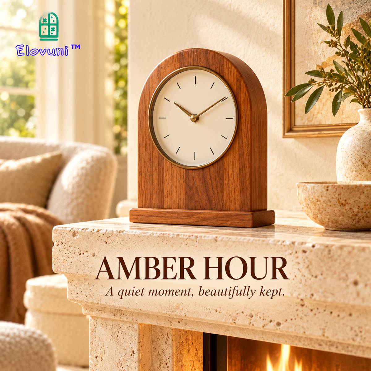 Elovuni™ Amber Hour – Elegant Wooden Mantel Clock, Minimalist Silent-Style Tabletop Timepiece for Fireplace Shelves, Living Rooms & Warm Home Decor