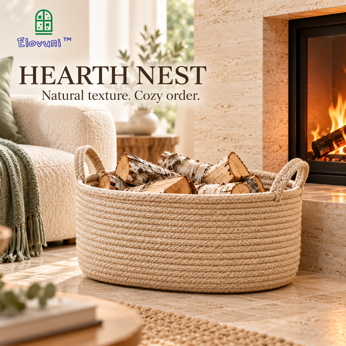Elovuni™ Hearth Nest – Decorative Woven Firewood Basket, Natural Rope Log Storage Organizer for Rustic Fireplaces & Scandinavian Interiors