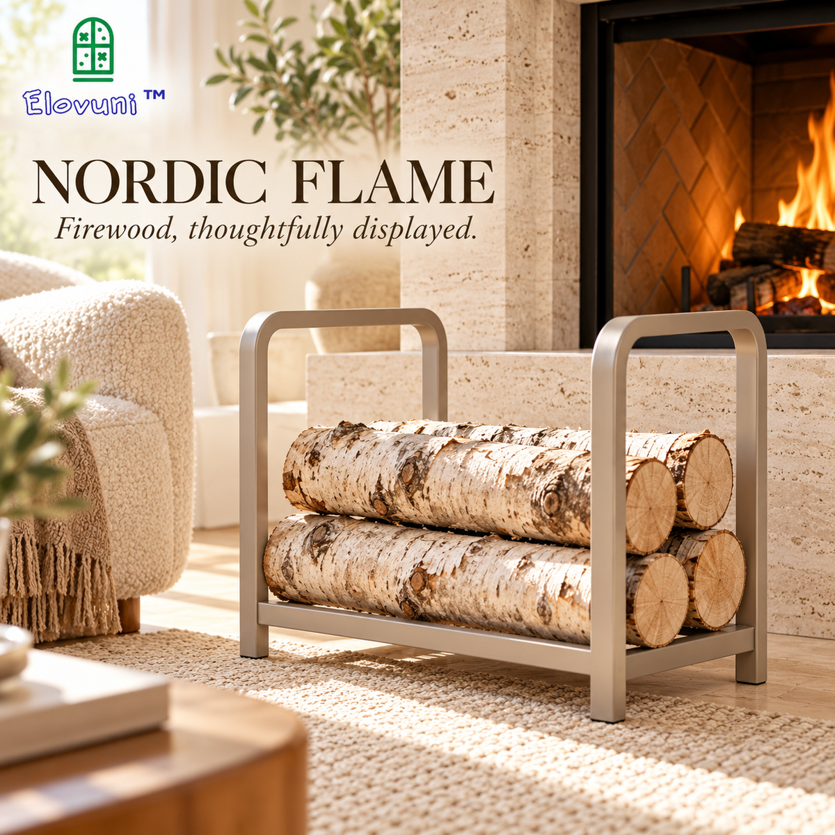 Elovuni™ Nordic Flame – Minimalist Metal Firewood Rack, Compact Indoor Log Holder for Modern Hearths & Scandinavian Living Spaces