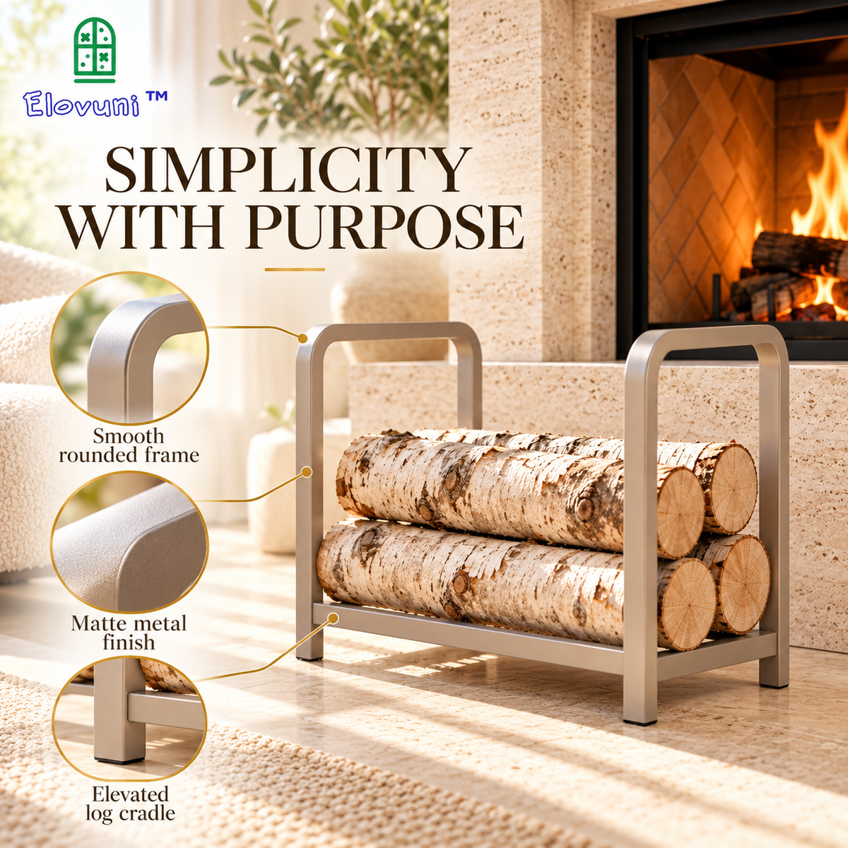 Elovuni™ Nordic Flame – Minimalist Metal Firewood Rack, Compact Indoor Log Holder for Modern Hearths & Scandinavian Living Spaces