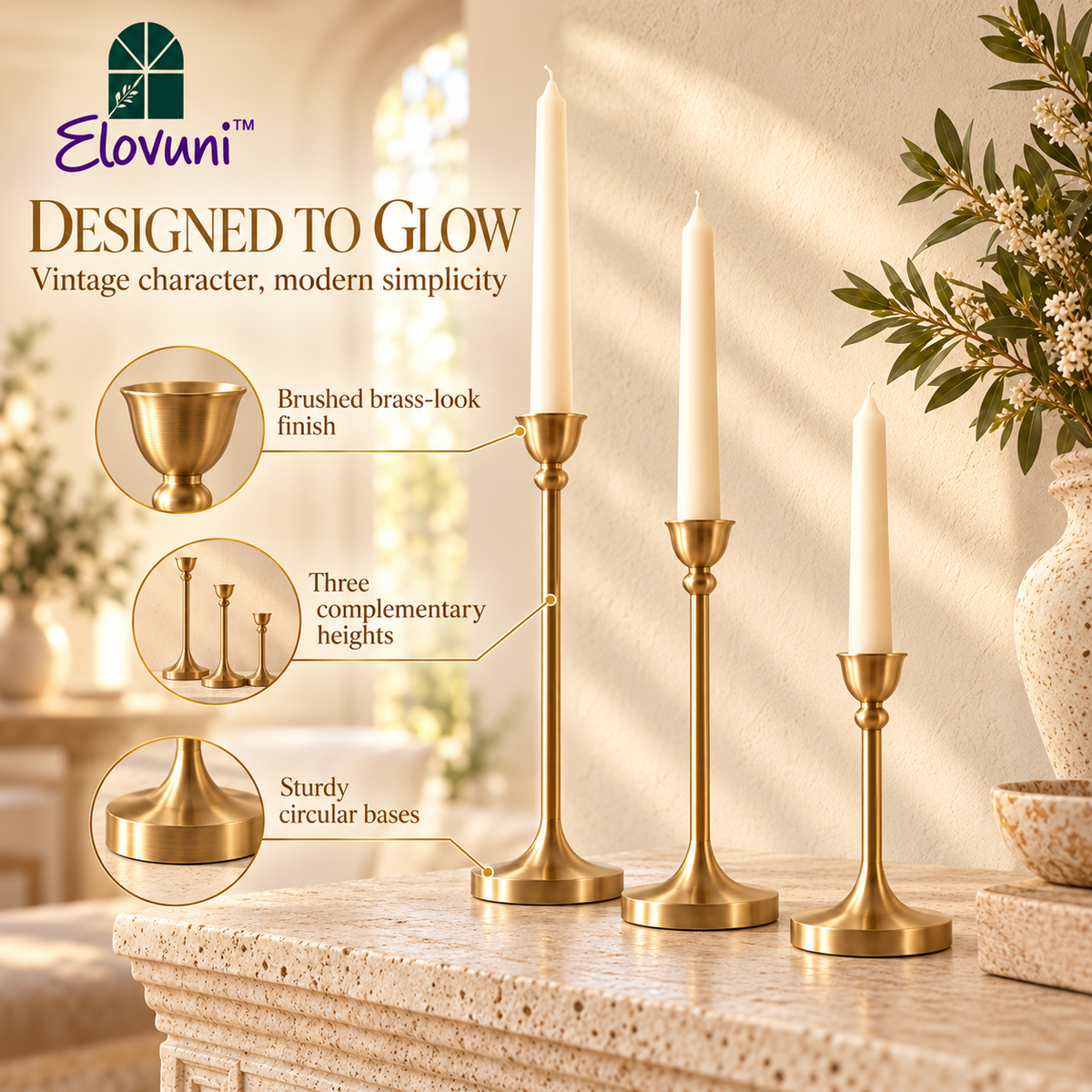 Elovuni™ Golden Aura – Elegant Brass-Finish Taper Candle Holder Set, Minimalist Vintage-Inspired Mantel Decor for Cozy Living Rooms & Modern Homes