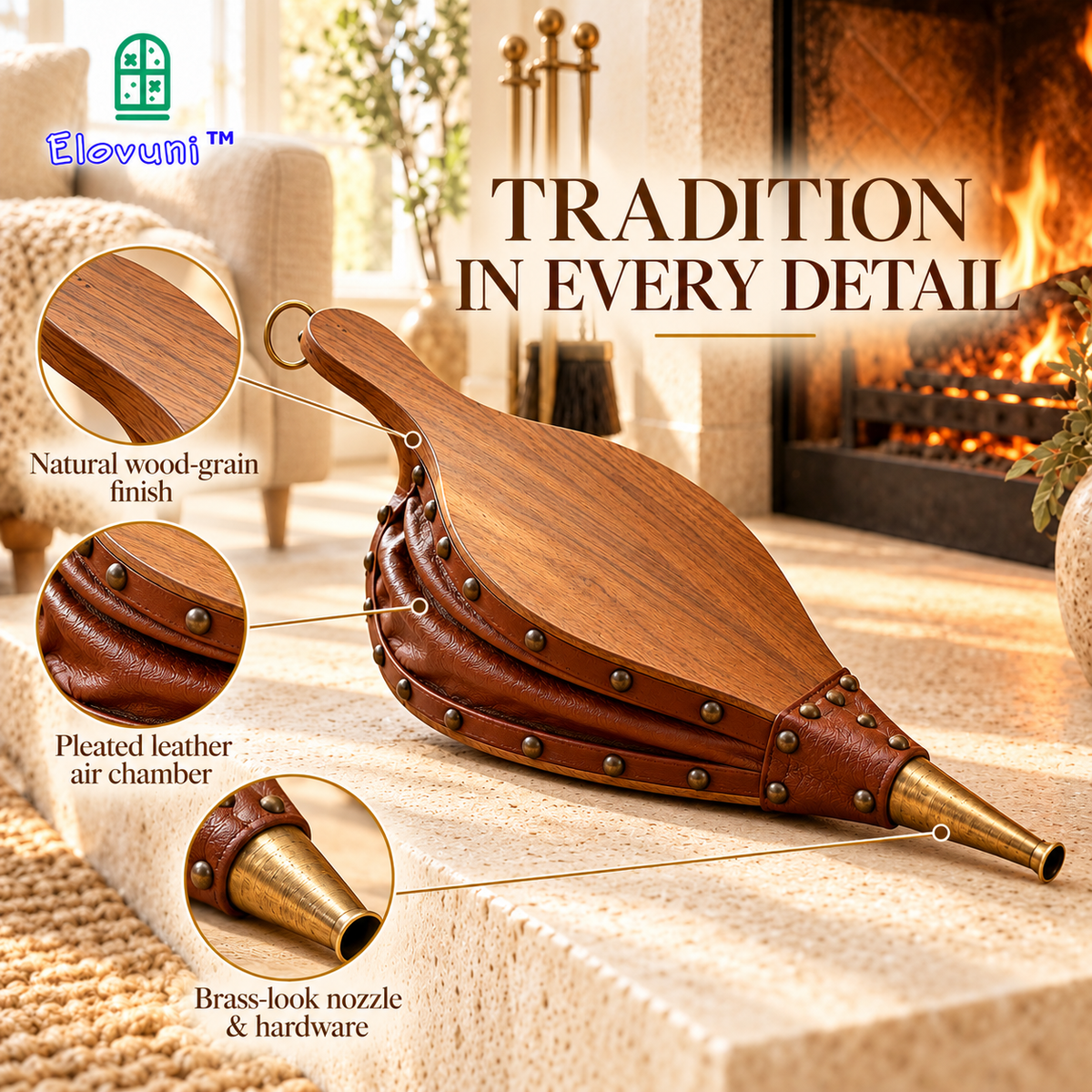 Elovuni™ Fireside Ritual – Vintage-Inspired Wood & Leather Fireplace Bellows, Decorative Manual Air Blower for Traditional Hearths & Rustic Modern Homes