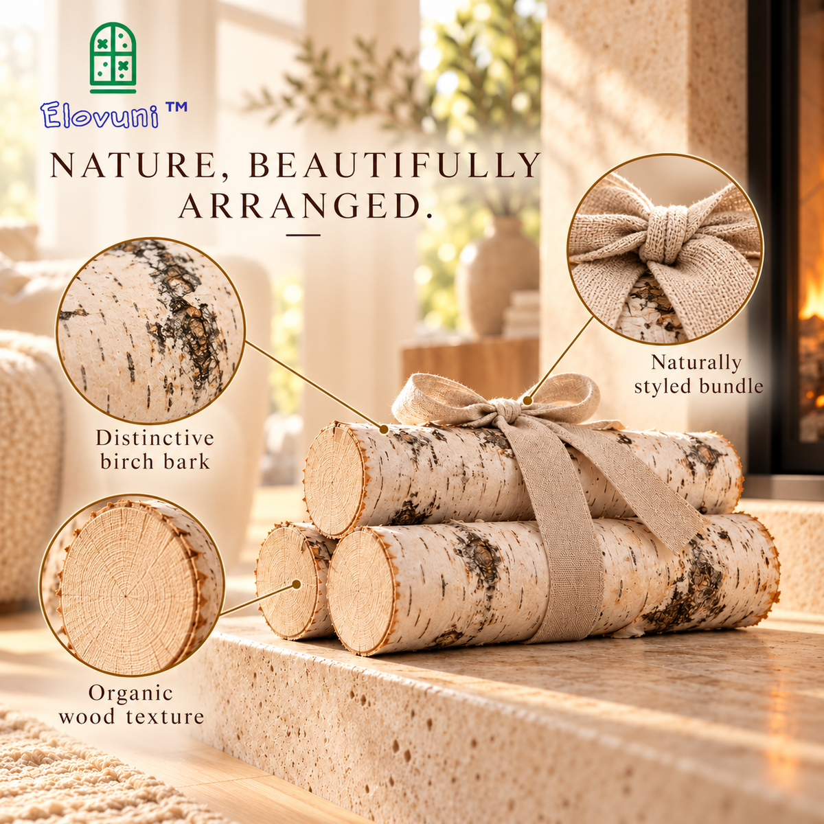 Elovuni™ Willow Hearth – Decorative Birch Log Bundle, Natural Rustic Fireplace Display Accent for Cozy Living Rooms & Scandinavian Home Styling