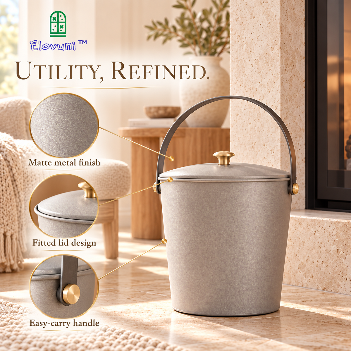 Elovuni™ Ashen Grace – Modern Fireplace Ash Bucket with Lid & Carry Handle, Minimalist Metal Hearth Storage Container for Wood-Burning Fireplaces