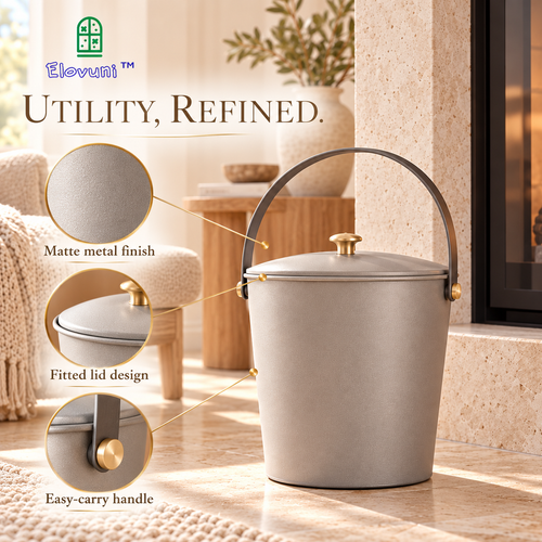 Elovuni™ Ashen Grace – Modern Fireplace Ash Bucket with Lid & Carry Handle, Minimalist Metal Hearth Storage Container for Wood-Burning Fireplaces