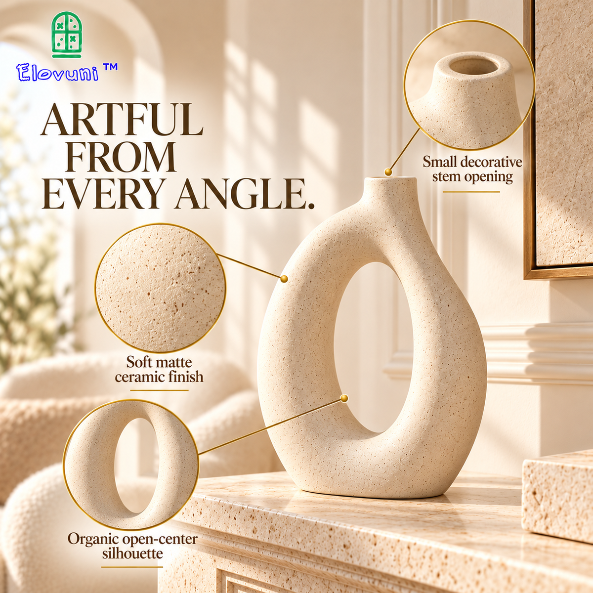 Elovuni™ Stone Whisper – Sculptural Ceramic Mantel Vase, Modern Organic Decorative Accent for Fireplace Shelves, Console Tables & Minimalist Interiors