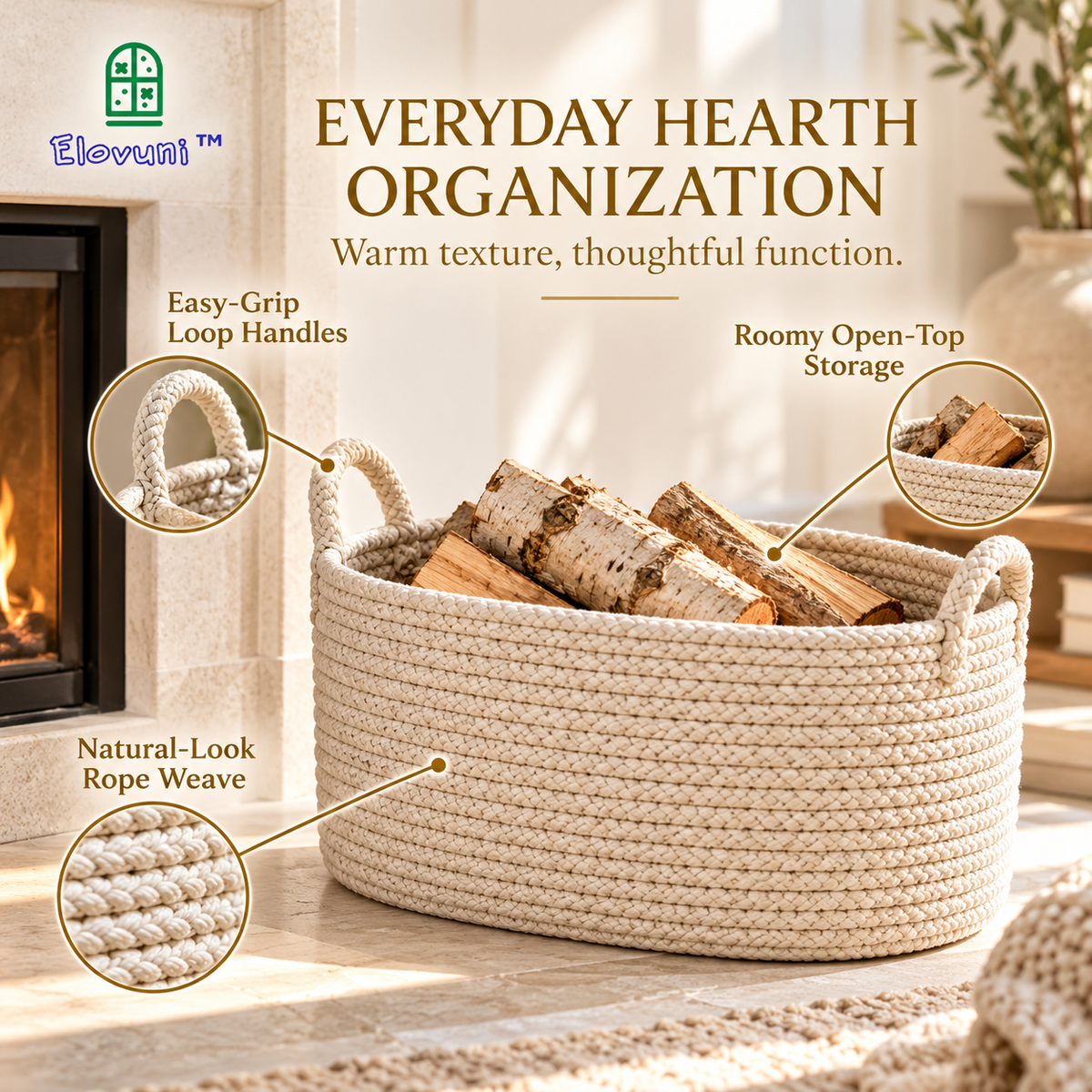 Elovuni™ Hearth Nest – Decorative Woven Firewood Basket, Natural Rope Log Storage Organizer for Rustic Fireplaces & Scandinavian Interiors