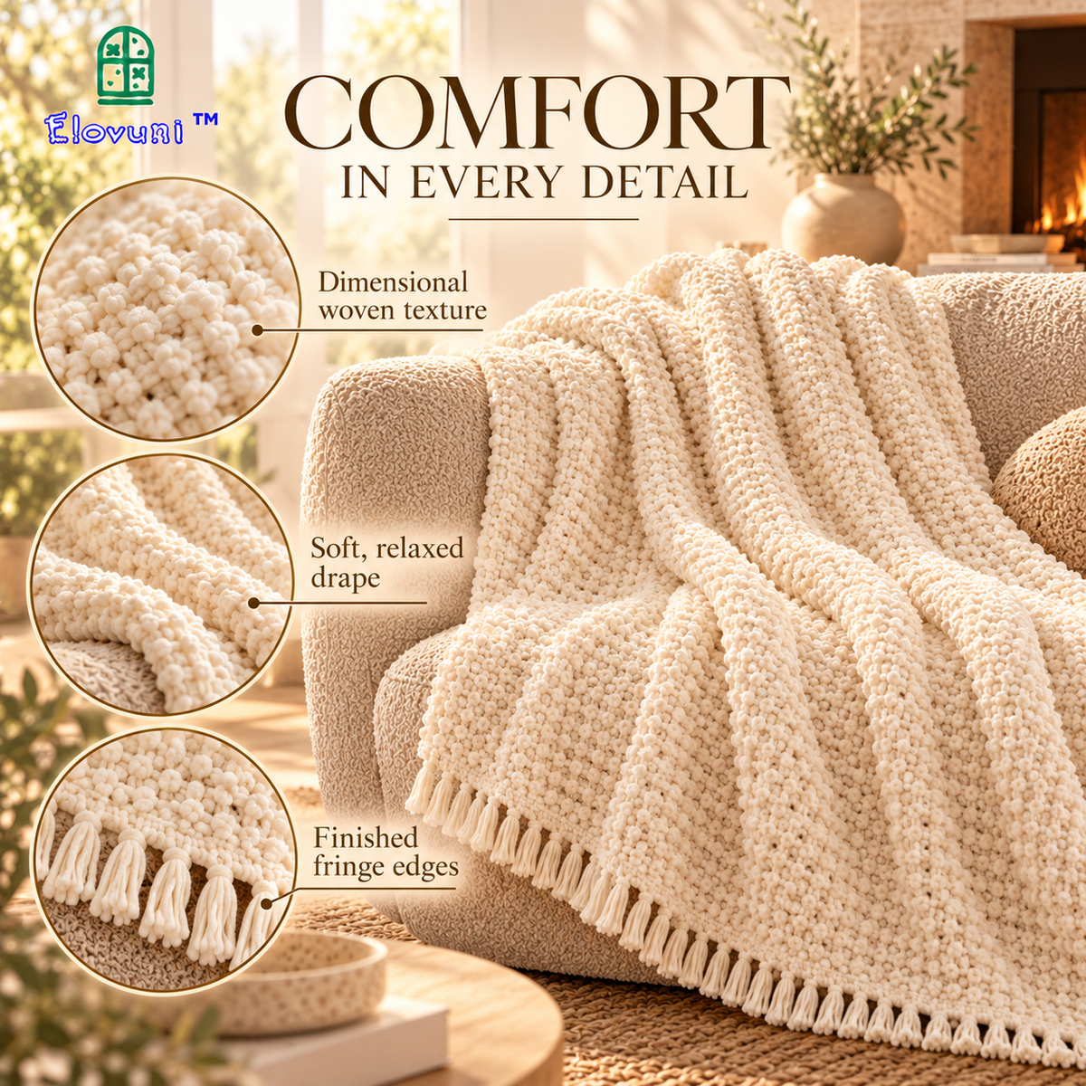Elovuni™ Ivory Drift – Soft Textured Decorative Throw Blanket, Cozy Neutral Sofa Accent for Fireplace Lounges, Bedrooms & Warm Minimalist Homes