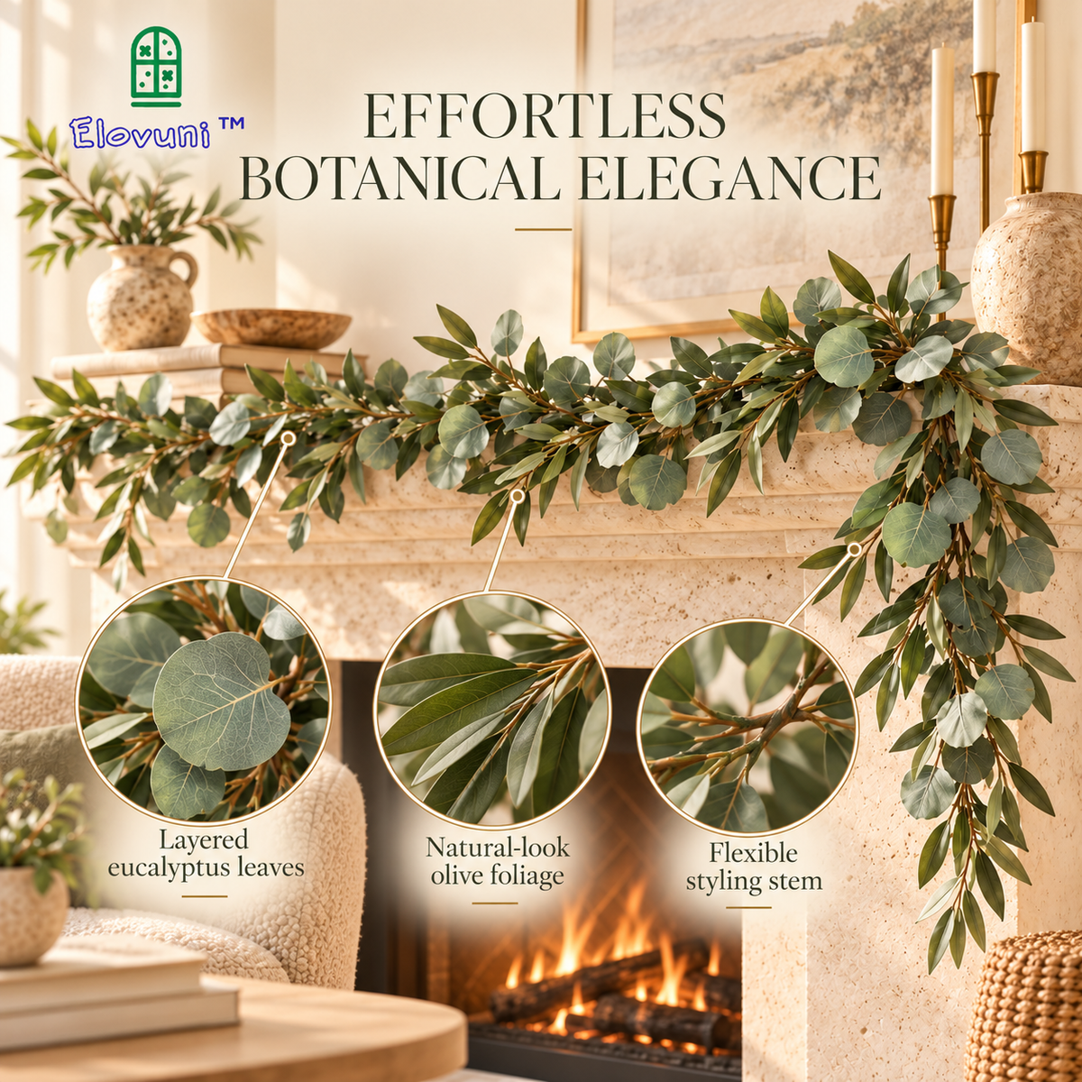 Elovuni™ Hearth Bloom – Artificial Eucalyptus & Olive Leaf Garland, Natural-Look Fireplace Mantel Greenery for Rustic Farmhouse & Modern Interiors