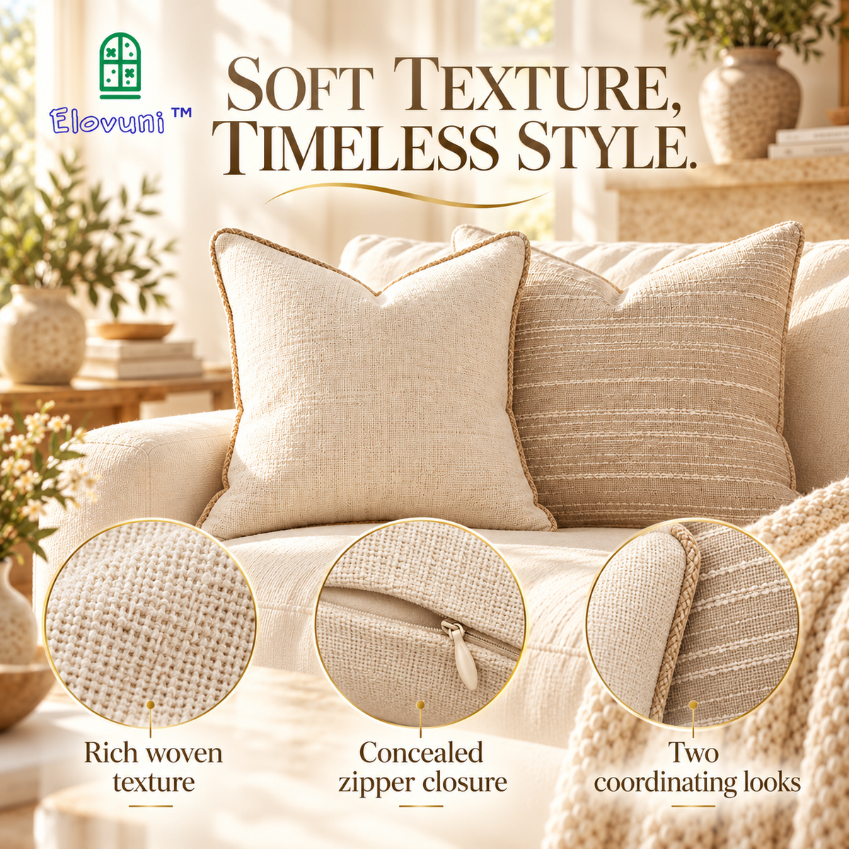 Elovuni™ Linen Serenity – Neutral Textured Cushion Cover Set, Soft Minimalist Decorative Pillow Covers for Cozy Sofas & Fireplace Seating Areas