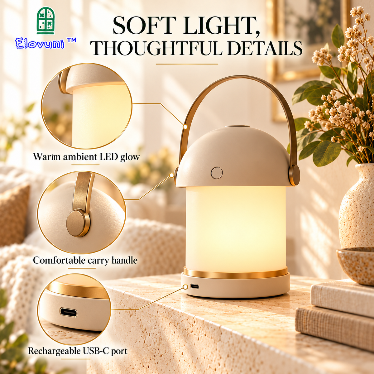 Elovuni™ Quiet Glow – Rechargeable LED Table Lantern, Warm Ambient Accent Lamp for Fireplace Mantels, Bedrooms & Cozy Home Decor