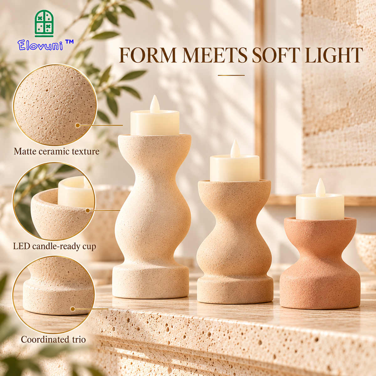 Elovuni™ Ember Stone – Modern Ceramic Flameless Candle Holder Set, Sculptural Fireplace Mantel Decorations for Contemporary & Nordic Interiors