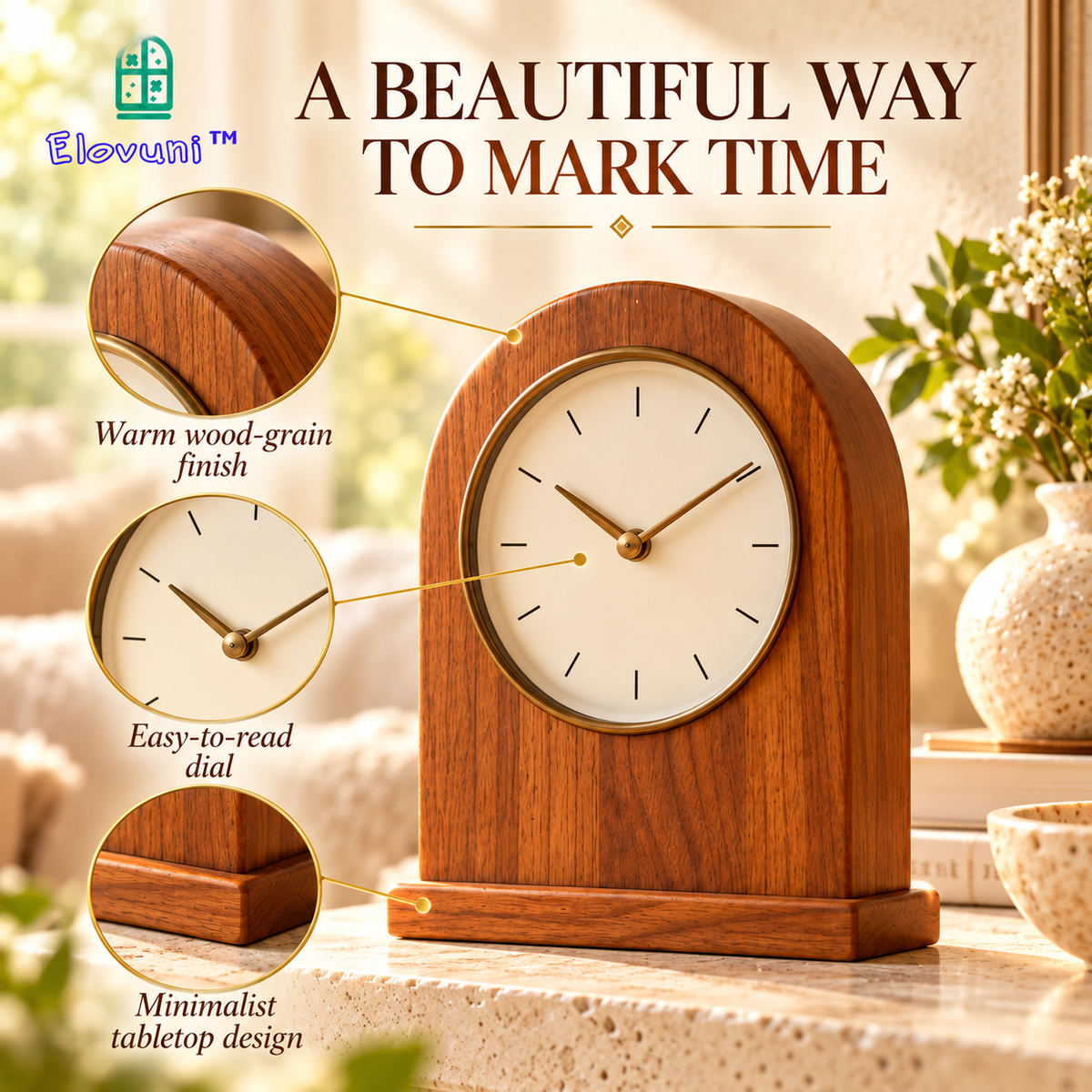 Elovuni™ Amber Hour – Elegant Wooden Mantel Clock, Minimalist Silent-Style Tabletop Timepiece for Fireplace Shelves, Living Rooms & Warm Home Decor