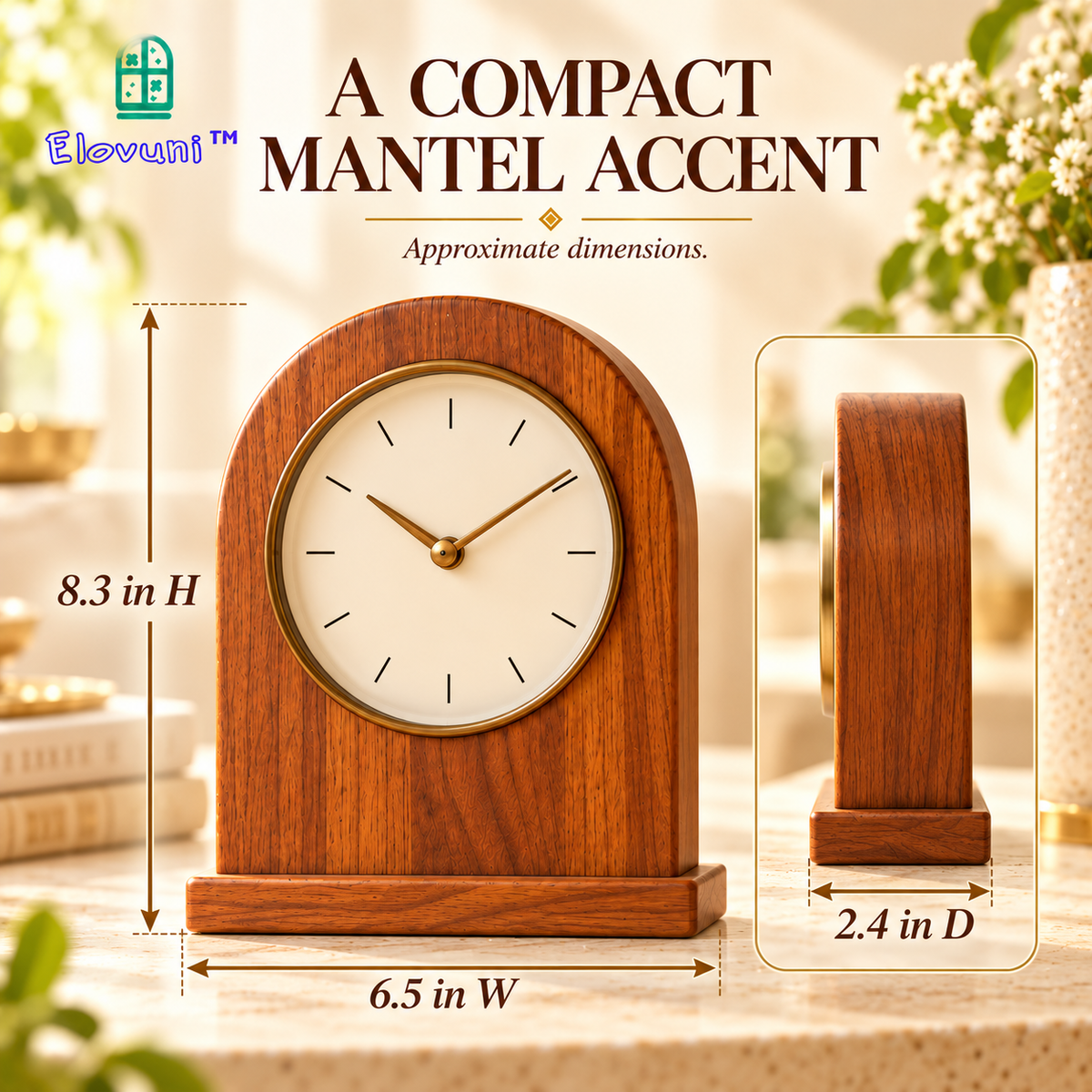 Elovuni™ Amber Hour – Elegant Wooden Mantel Clock, Minimalist Silent-Style Tabletop Timepiece for Fireplace Shelves, Living Rooms & Warm Home Decor