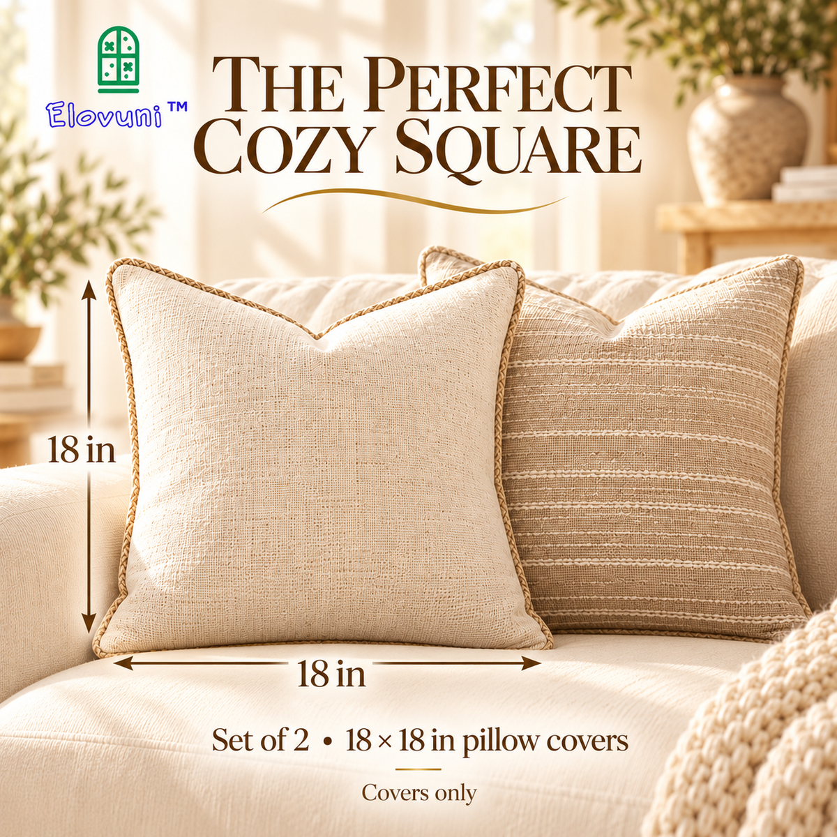 Elovuni™ Linen Serenity – Neutral Textured Cushion Cover Set, Soft Minimalist Decorative Pillow Covers for Cozy Sofas & Fireplace Seating Areas