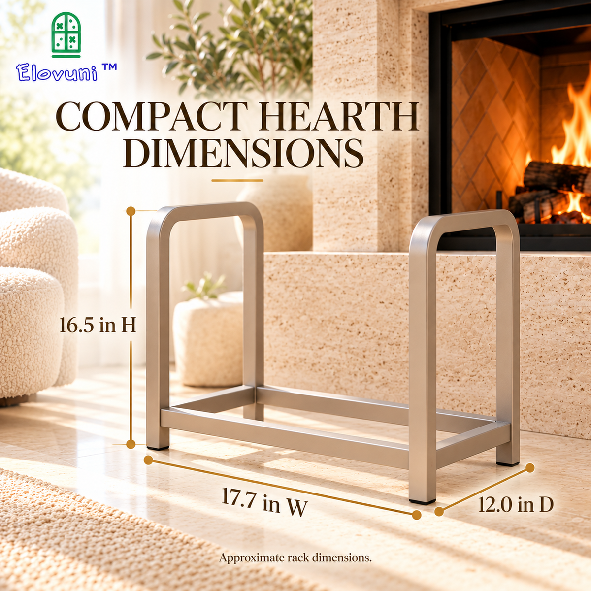 Elovuni™ Nordic Flame – Minimalist Metal Firewood Rack, Compact Indoor Log Holder for Modern Hearths & Scandinavian Living Spaces