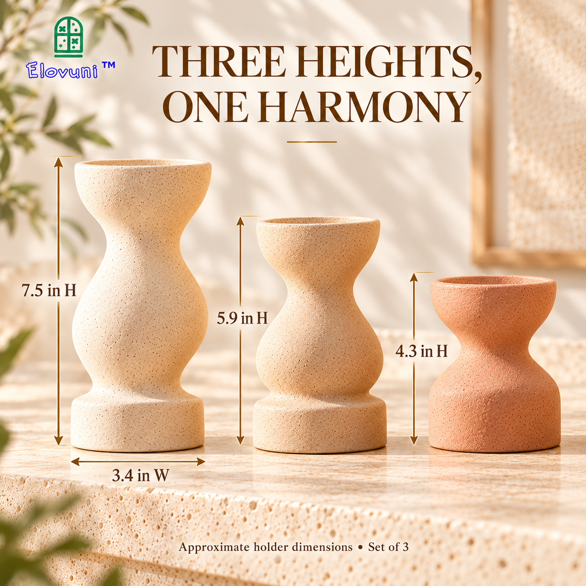 Elovuni™ Ember Stone – Modern Ceramic Flameless Candle Holder Set, Sculptural Fireplace Mantel Decorations for Contemporary & Nordic Interiors
