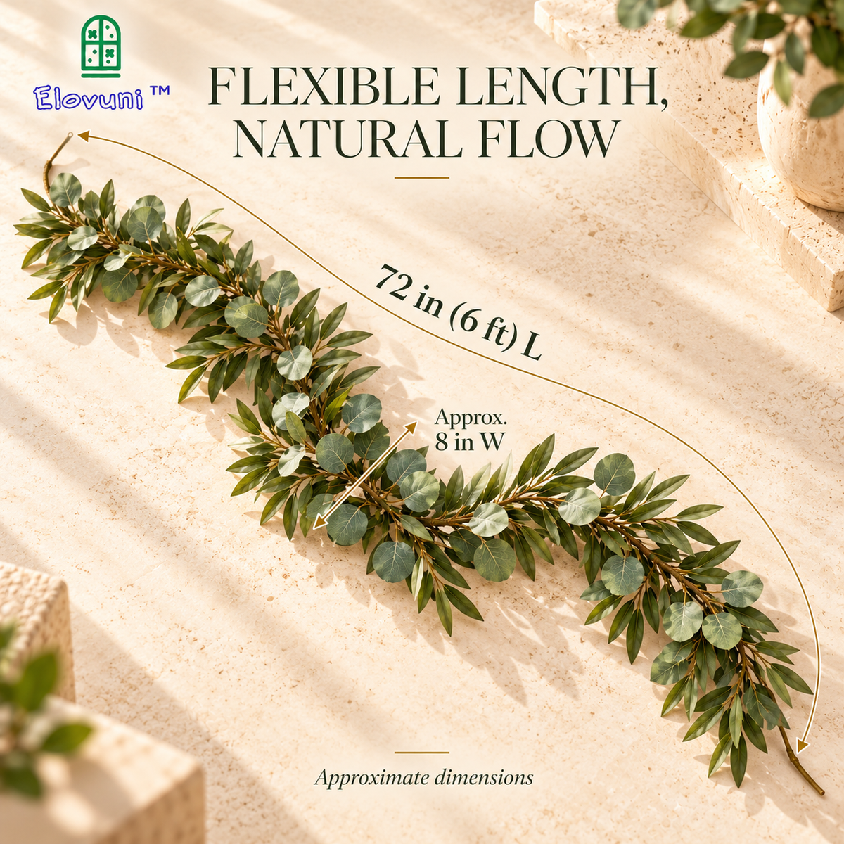 Elovuni™ Hearth Bloom – Artificial Eucalyptus & Olive Leaf Garland, Natural-Look Fireplace Mantel Greenery for Rustic Farmhouse & Modern Interiors