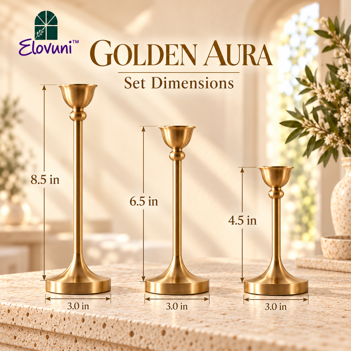 Elovuni™ Golden Aura – Elegant Brass-Finish Taper Candle Holder Set, Minimalist Vintage-Inspired Mantel Decor for Cozy Living Rooms & Modern Homes