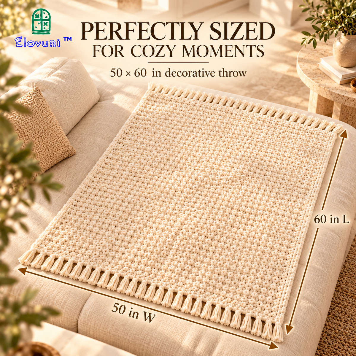 Elovuni™ Ivory Drift – Soft Textured Decorative Throw Blanket, Cozy Neutral Sofa Accent for Fireplace Lounges, Bedrooms & Warm Minimalist Homes