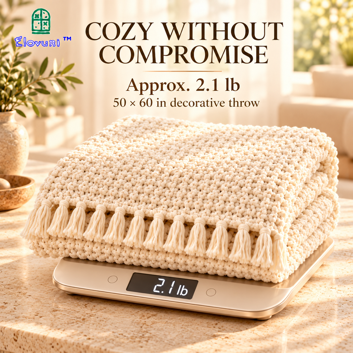Elovuni™ Ivory Drift – Soft Textured Decorative Throw Blanket, Cozy Neutral Sofa Accent for Fireplace Lounges, Bedrooms & Warm Minimalist Homes