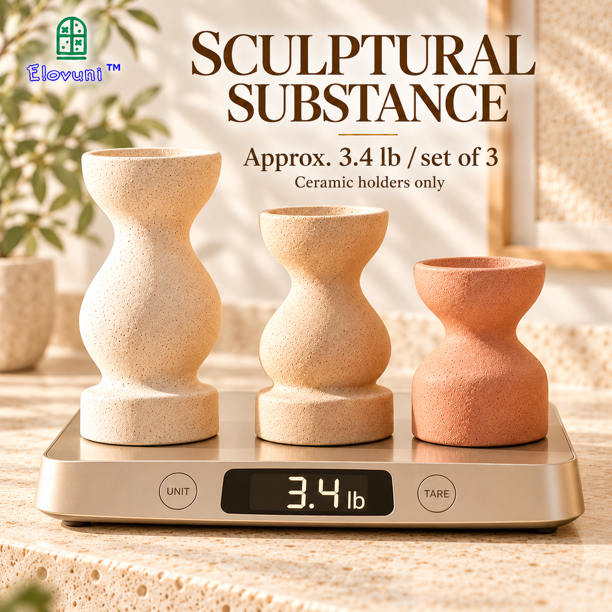 Elovuni™ Ember Stone – Modern Ceramic Flameless Candle Holder Set, Sculptural Fireplace Mantel Decorations for Contemporary & Nordic Interiors