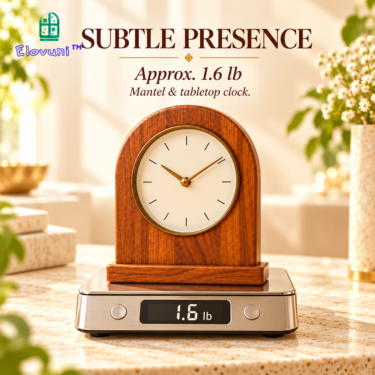 Elovuni™ Amber Hour – Elegant Wooden Mantel Clock, Minimalist Silent-Style Tabletop Timepiece for Fireplace Shelves, Living Rooms & Warm Home Decor
