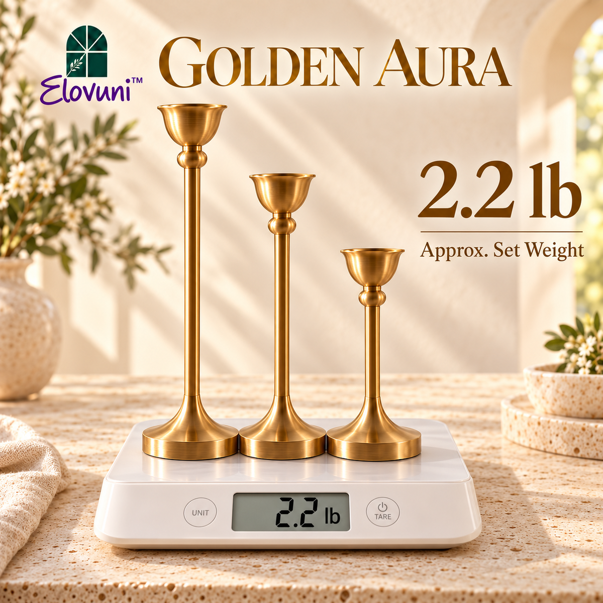 Elovuni™ Golden Aura – Elegant Brass-Finish Taper Candle Holder Set, Minimalist Vintage-Inspired Mantel Decor for Cozy Living Rooms & Modern Homes