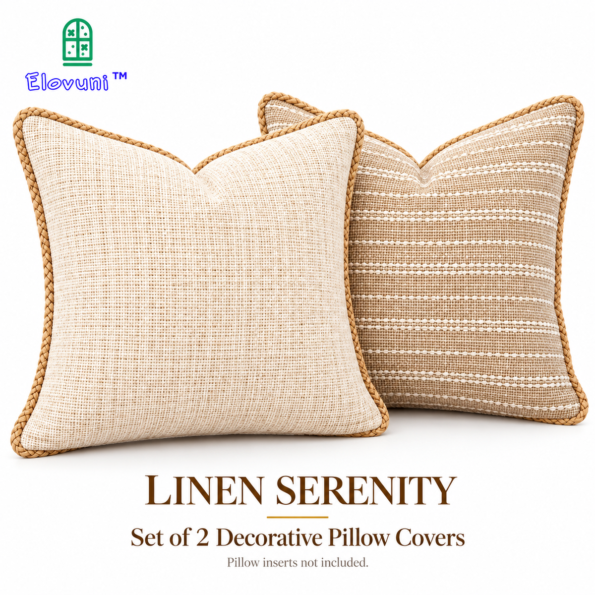 Elovuni™ Linen Serenity – Neutral Textured Cushion Cover Set, Soft Minimalist Decorative Pillow Covers for Cozy Sofas & Fireplace Seating Areas