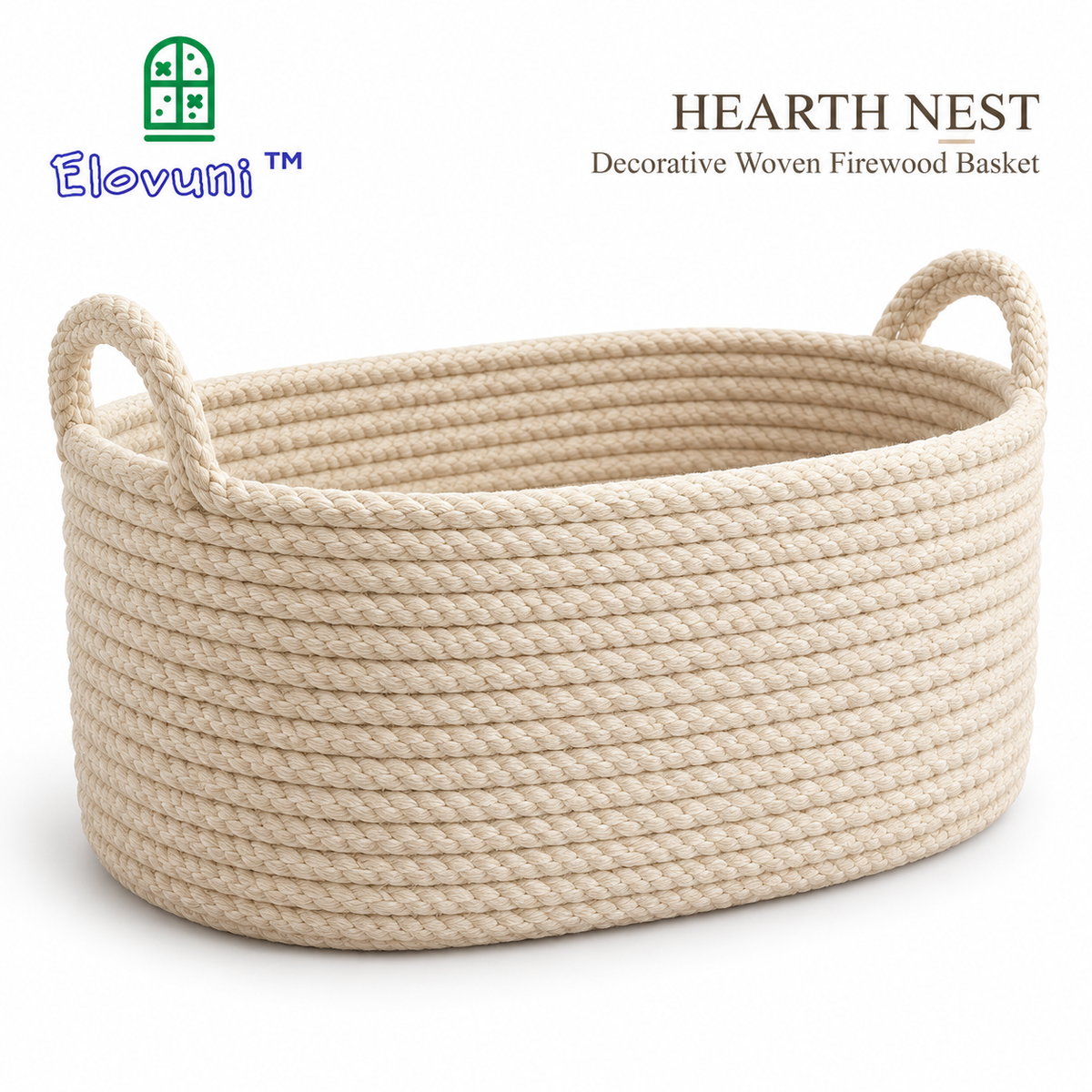 Elovuni™ Hearth Nest – Decorative Woven Firewood Basket, Natural Rope Log Storage Organizer for Rustic Fireplaces & Scandinavian Interiors