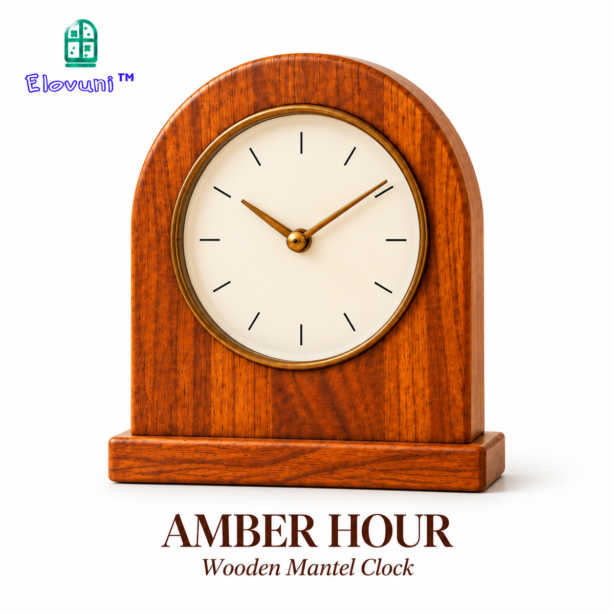 Elovuni™ Amber Hour – Elegant Wooden Mantel Clock, Minimalist Silent-Style Tabletop Timepiece for Fireplace Shelves, Living Rooms & Warm Home Decor