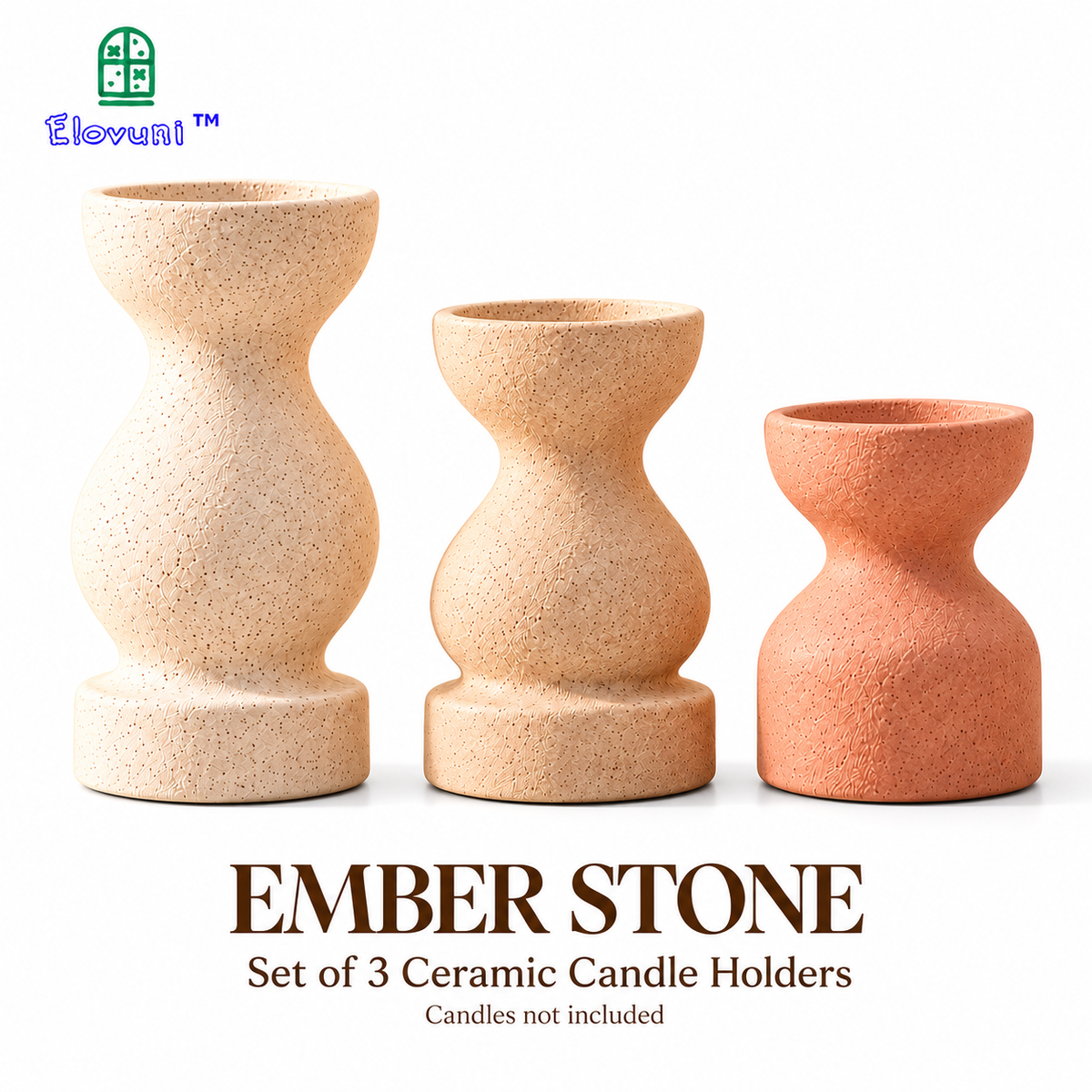 Elovuni™ Ember Stone – Modern Ceramic Flameless Candle Holder Set, Sculptural Fireplace Mantel Decorations for Contemporary & Nordic Interiors