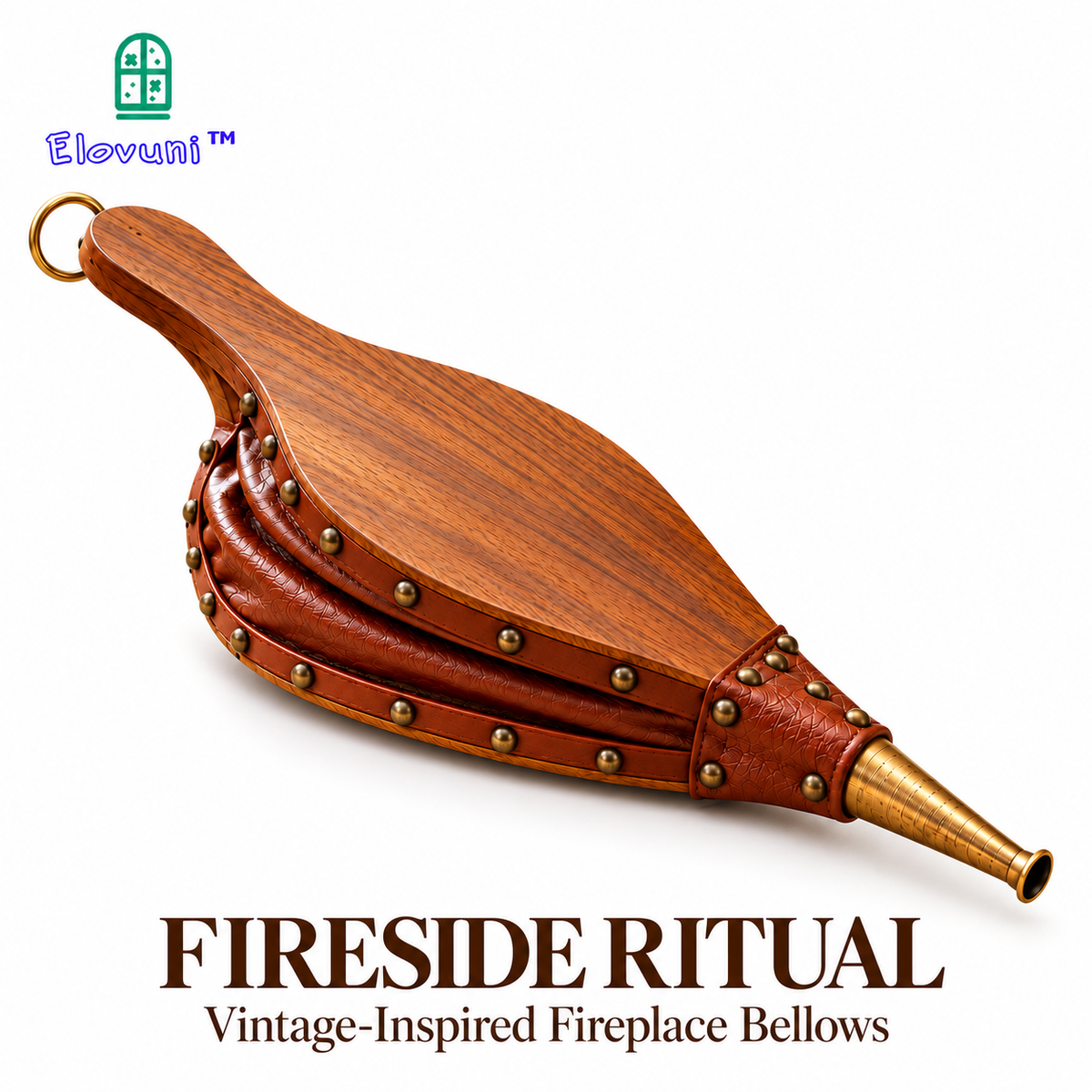 Elovuni™ Fireside Ritual – Vintage-Inspired Wood & Leather Fireplace Bellows, Decorative Manual Air Blower for Traditional Hearths & Rustic Modern Homes