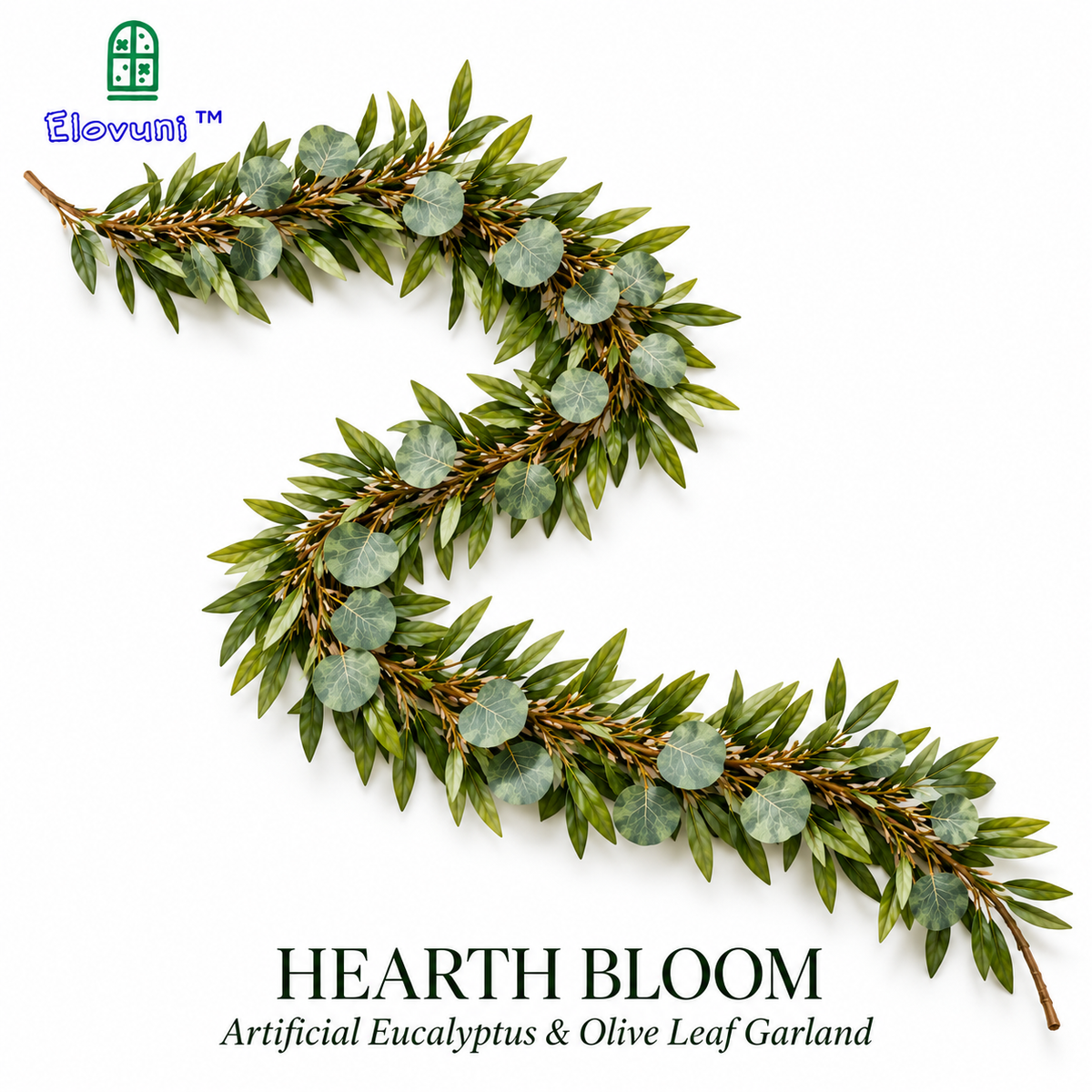 Elovuni™ Hearth Bloom – Artificial Eucalyptus & Olive Leaf Garland, Natural-Look Fireplace Mantel Greenery for Rustic Farmhouse & Modern Interiors