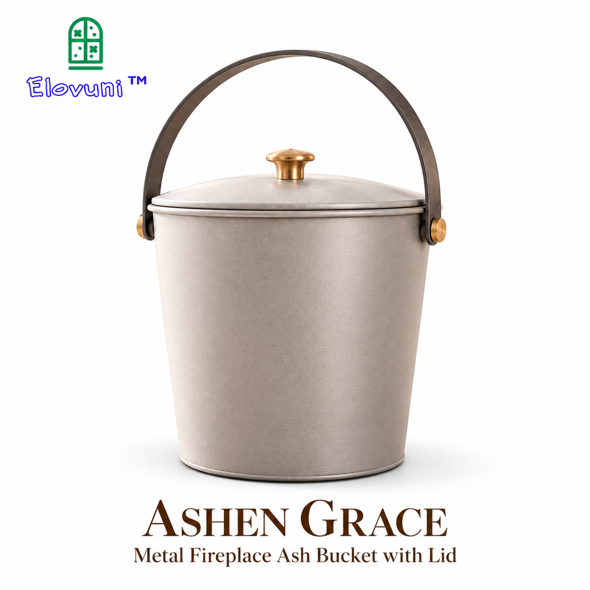 Elovuni™ Ashen Grace – Modern Fireplace Ash Bucket with Lid & Carry Handle, Minimalist Metal Hearth Storage Container for Wood-Burning Fireplaces