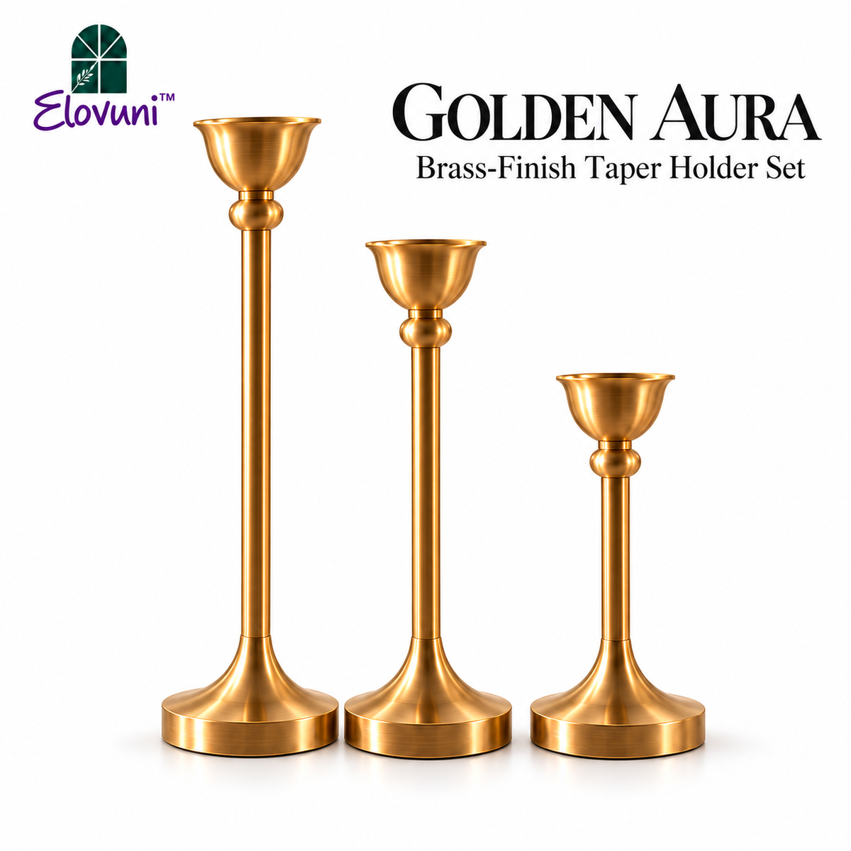Elovuni™ Golden Aura – Elegant Brass-Finish Taper Candle Holder Set, Minimalist Vintage-Inspired Mantel Decor for Cozy Living Rooms & Modern Homes