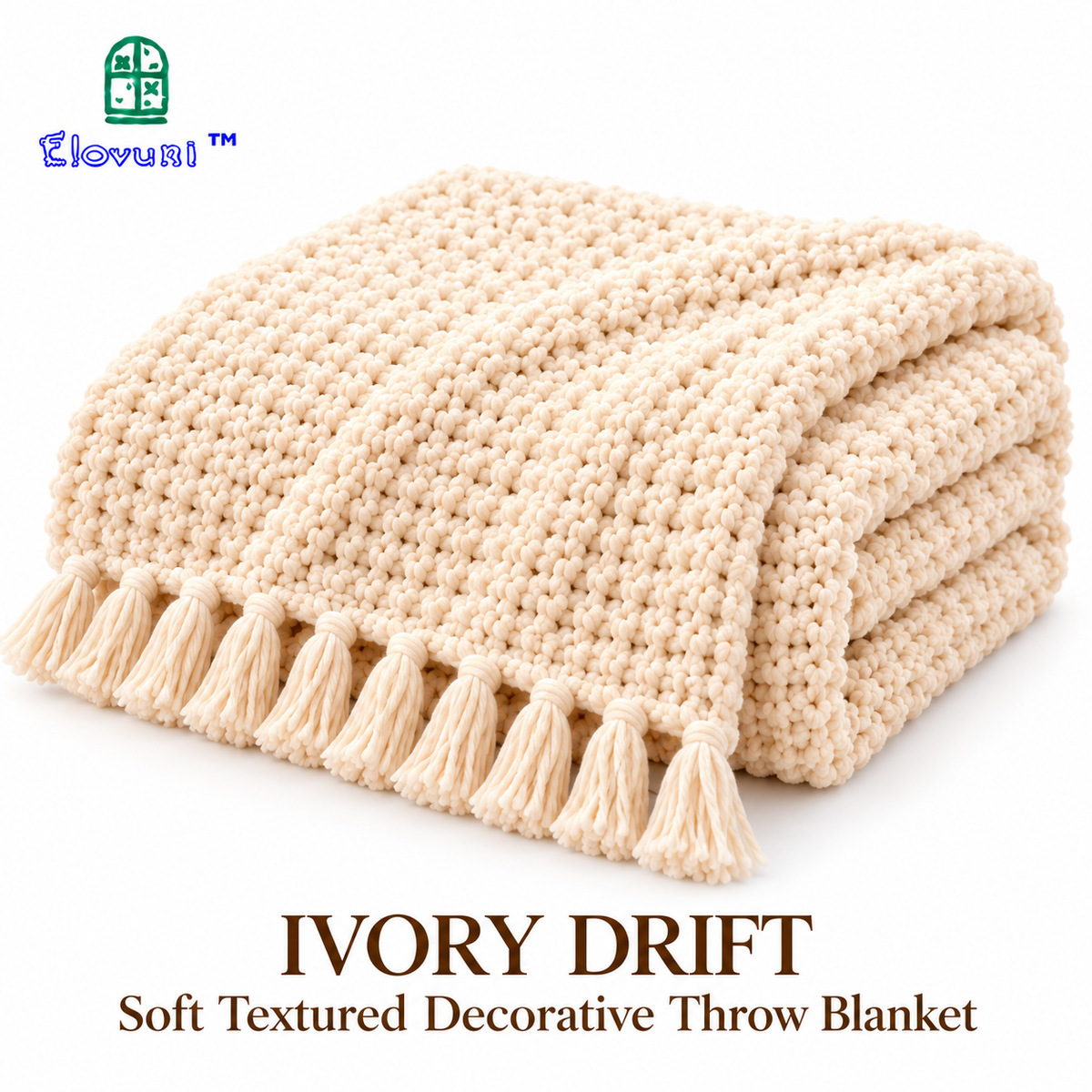 Elovuni™ Ivory Drift – Soft Textured Decorative Throw Blanket, Cozy Neutral Sofa Accent for Fireplace Lounges, Bedrooms & Warm Minimalist Homes