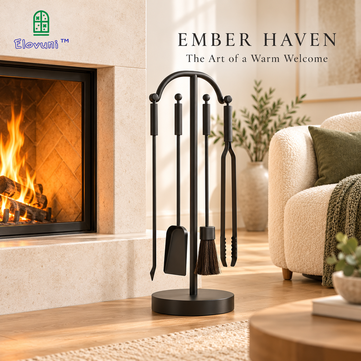 Elovuni™ Ember Haven – Modern Minimalist Fireplace Tool Set, Matte Black Hearth Accessories for Cozy Living Rooms & Contemporary Homes