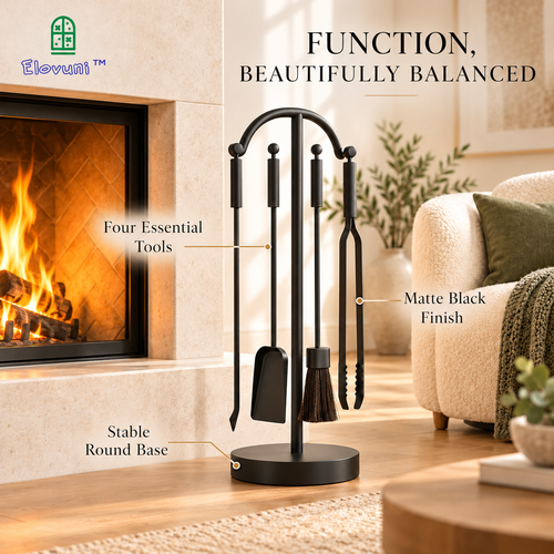 Elovuni™ Ember Haven – Modern Minimalist Fireplace Tool Set, Matte Black Hearth Accessories for Cozy Living Rooms & Contemporary Homes